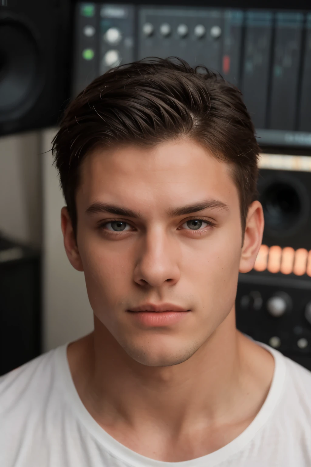 Masterpiece, an insanely handsome muscular young east european man, shredded body, chiseled physique, ripped, ivar the boneless, masculine, tall, strong, 25 year old man, barefoot, well endowed, (high detail:1 1), rough face, natural skin, high quality, beautiful eyes, (detailed face and eyes), (face: 1 2), noise, extra, real photo, PSD, lamp film photography, sharp focus, contrast lighting, detailed skin, high resolution 8k, crazy detail, realistic, professional photography, 8k UHD, SLR camera, soft lighting, high quality, film grain, Fujifilm XT3, (in audio studio), (wear black t shirt), (looking directly at the camera)