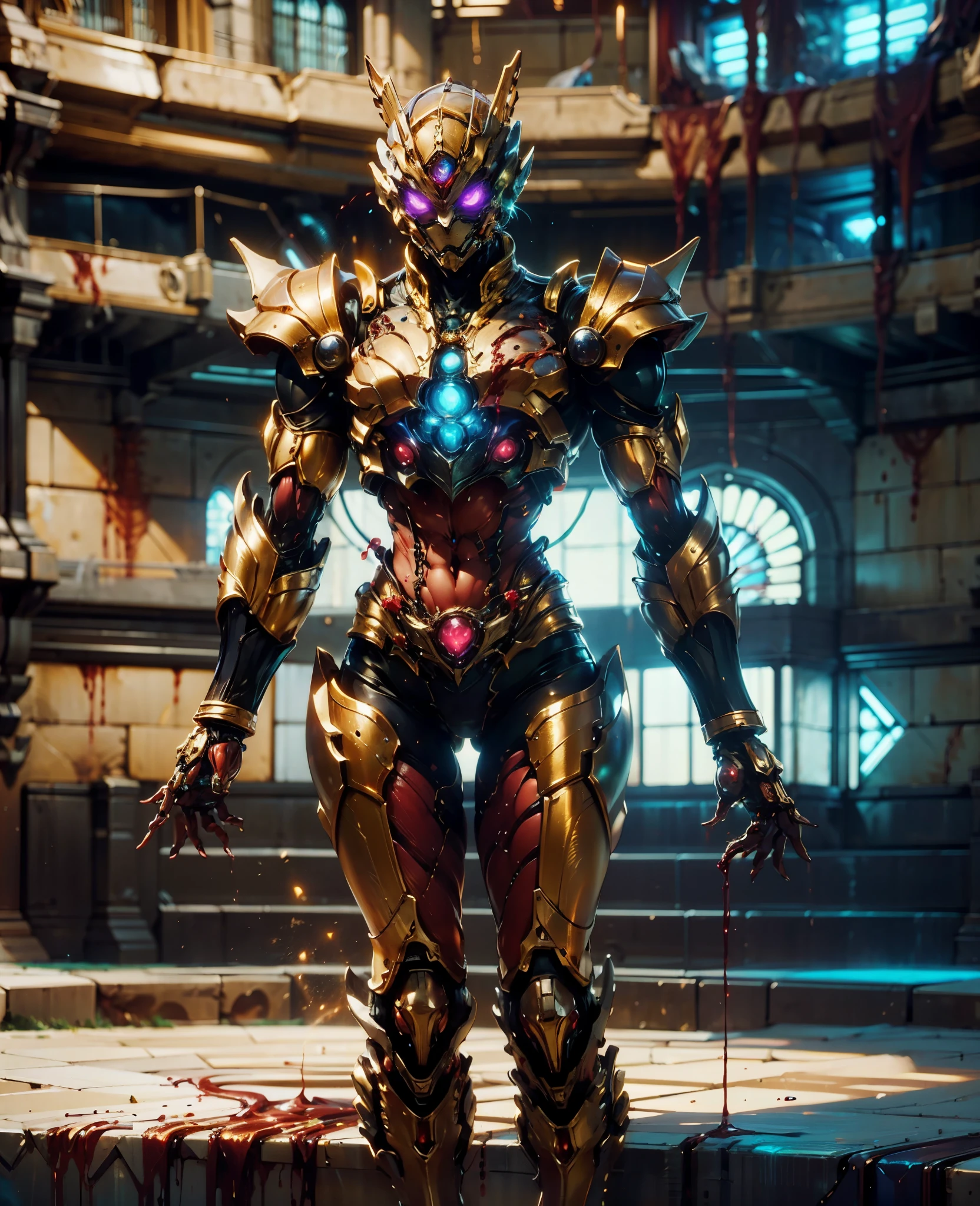 A woman adorned in fantasy-style full-body armor, a crown-concept fully enclosed helmet that unveils only her eyes, a composite layered chest plate, fully encompassing shoulder and hand guards, a lightweight waist armor, form-fitting shin guards, the overall design is heavy-duty yet flexible, (the armor gleams with a golden glow, complemented by red and blue accents), exhibiting a noble aura, she floats above a fantasy-surreal high-tech city, this character embodies a finely crafted fantasy-surreal style armored hero in anime style, exquisite and mature manga art style, (Queen Bee Concept Armor, blood), ((plasma, bio mecha, long legs, elegant, goddess, femminine:1.5)), metallic, high definition, best quality, highres, ultra-detailed, ultra-fine painting, extremely delicate, professional, anatomically correct, symmetrical face, extremely detailed eyes and face, high quality eyes, creativity, RAW photo, UHD, 32k, Natural light, cinematic lighting, masterpiece-anatomy-perfect, masterpiece:1.5