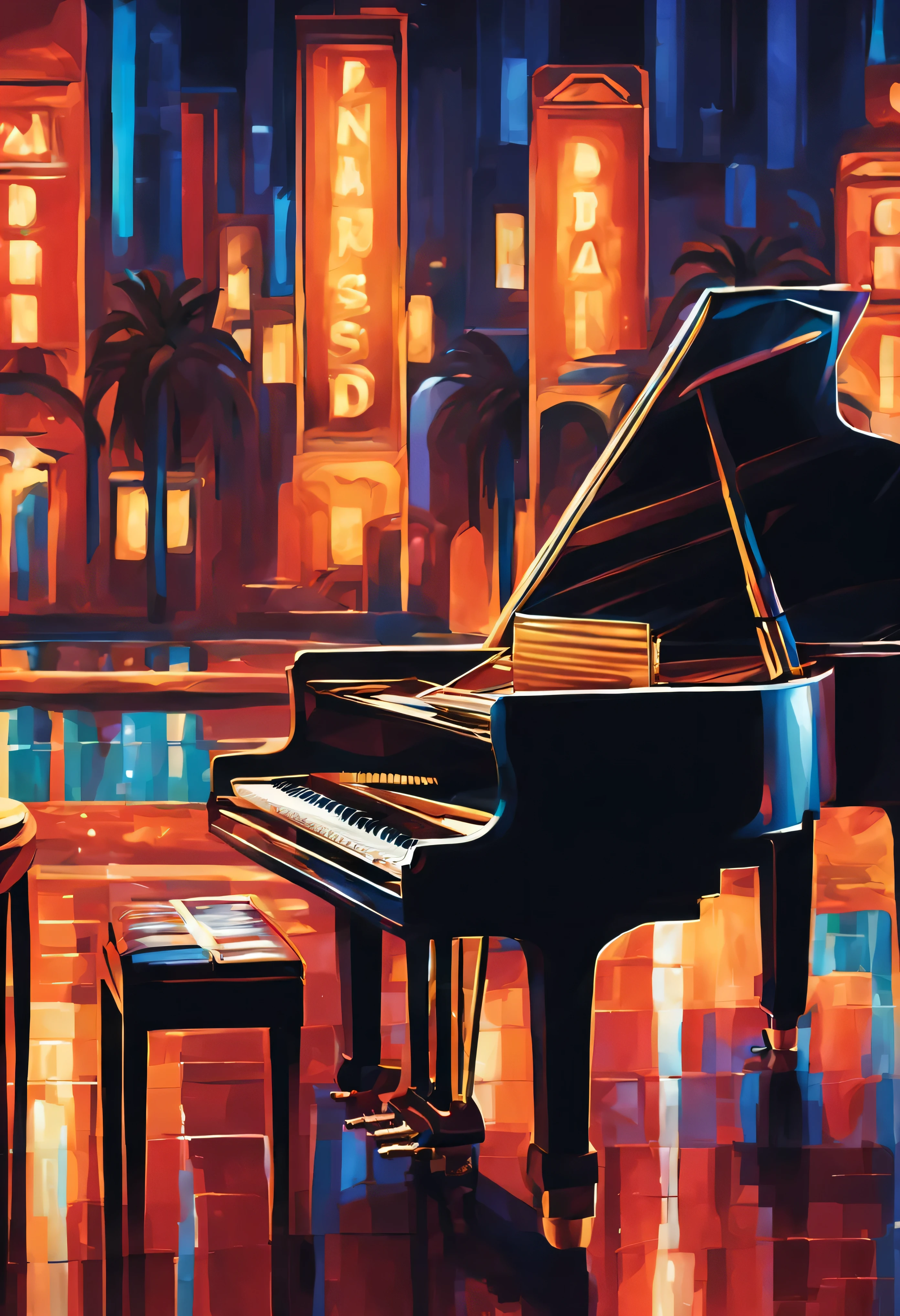 cartel de la noche musical,ciudad de noche,plan,stage with microphone,detailed plan keys,luces vibrantes,dynamic composition,estilo jazz y blues,rica paleta de colores,Soft bokeh lighting,Superficie reflectante,instrumentos musicales en el fondo,Estilo de arte abstracto,Pinceladas suaves,texturas sutiles,Alto contraste,Artistic Perspective,atmospheric environment,Emotional Expression,elegante y sofisticado,harmonious composition,estrellas titilantes,ambiente romantico,Luces brillantes del escenario,valuable antique plan,efecto de orador principal,Unforgettable performance,mystical and dreamer,evento musical ingenioso,art deco inspiration,vivid urban scene,experiencia de vida nocturna,narrativa visual cautivadora,Experiencia de concierto inmersiva,Living energy,ethereal and otherworldly,Creative fusion of music and art.