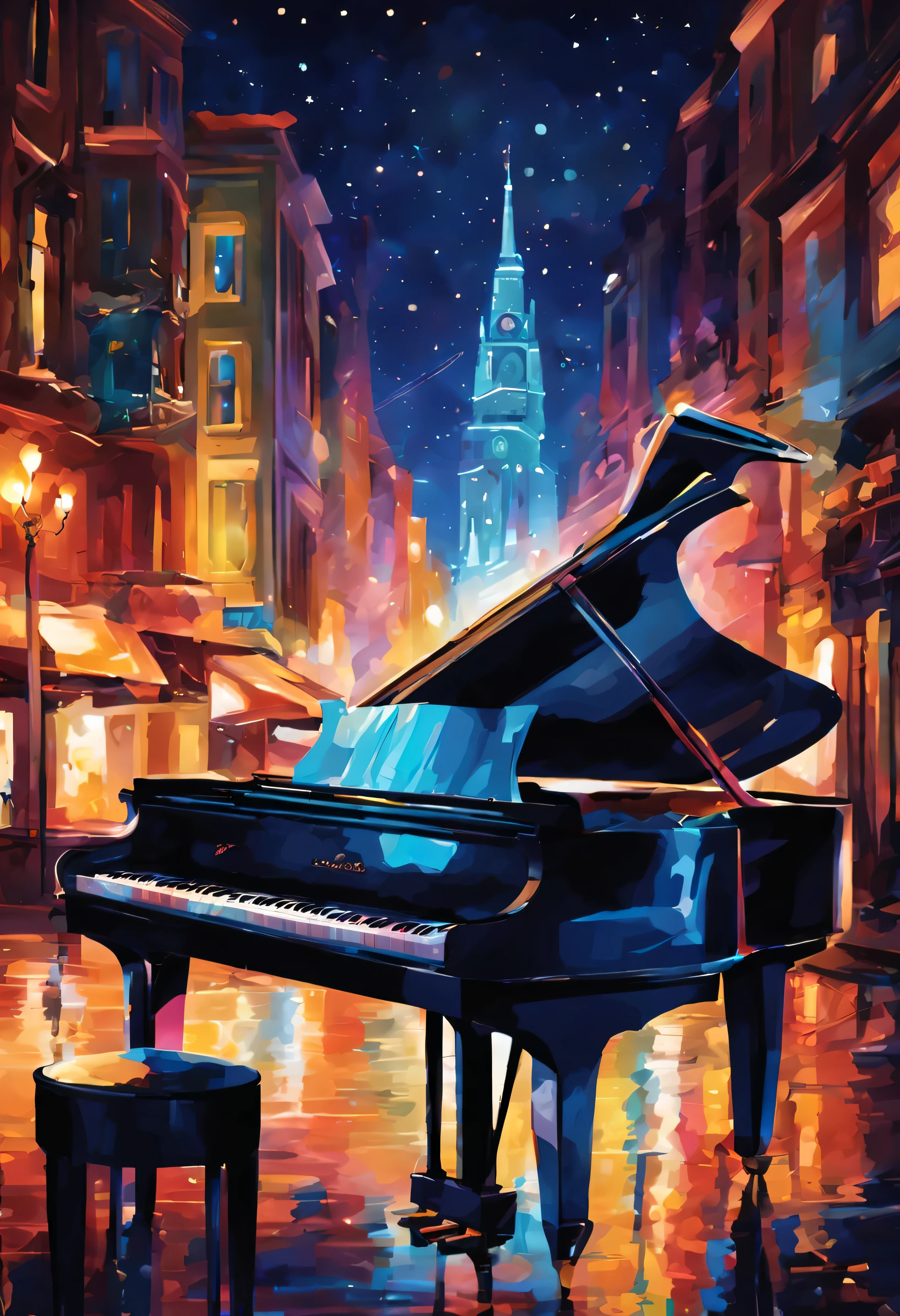 cartel de la noche musical,ciudad de noche,plan,stage with microphone,detailed plan keys,luces vibrantes,dynamic composition,estilo jazz y blues,rica paleta de colores,Soft bokeh lighting,Superficie reflectante,instrumentos musicales en el fondo,Estilo de arte abstracto,Pinceladas suaves,texturas sutiles,Alto contraste,Artistic Perspective,atmospheric environment,Emotional Expression,elegante y sofisticado,harmonious composition,estrellas titilantes,ambiente romantico,Luces brillantes del escenario,valuable antique plan,efecto de orador principal,Unforgettable performance,mystical and dreamer,evento musical ingenioso,art deco inspiration,vivid urban scene,experiencia de vida nocturna,narrativa visual cautivadora,Experiencia de concierto inmersiva,Living energy,ethereal and otherworldly,Creative fusion of music and art.