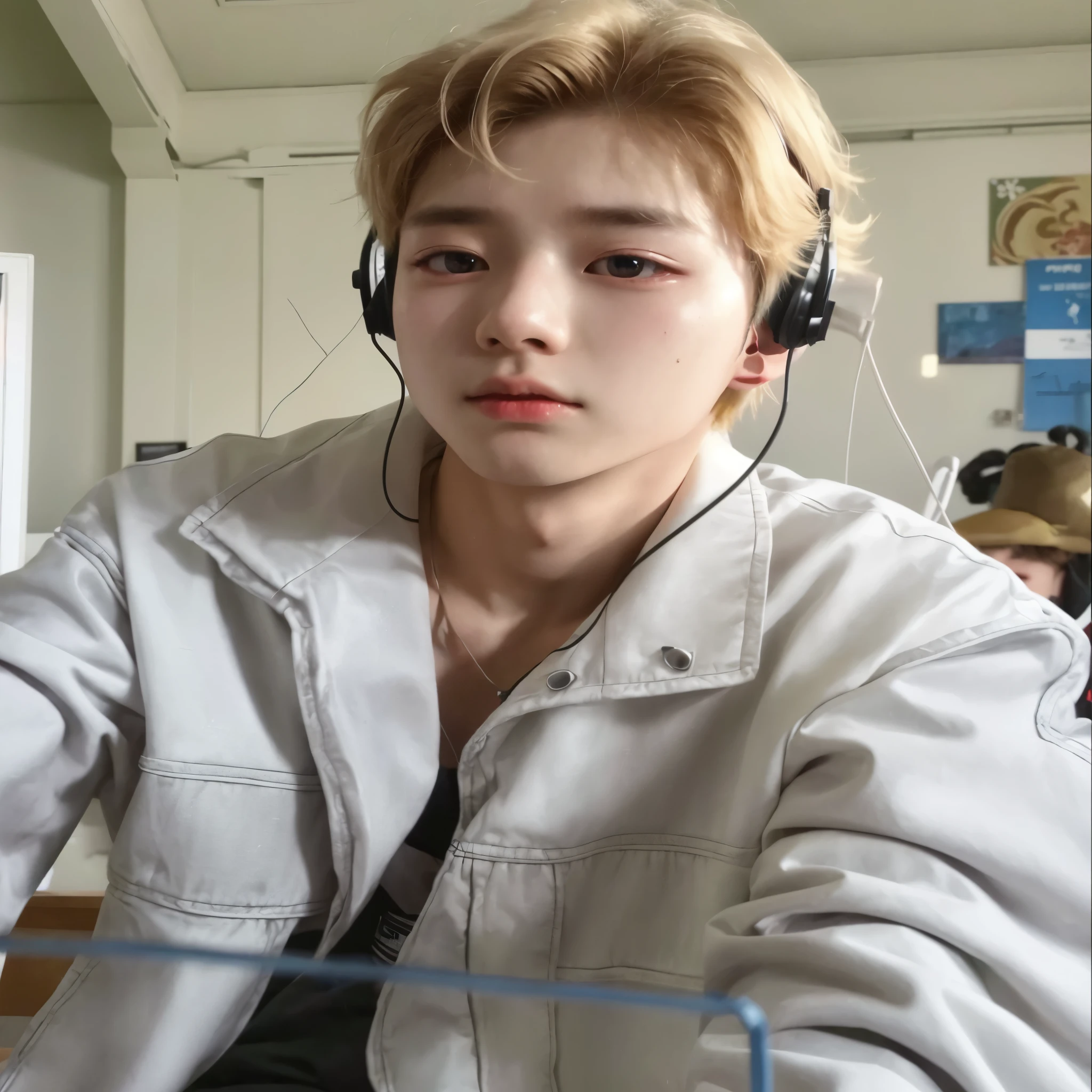There's a man wearing headphones sitting at a table, handsome androgynous prince, delicate androgynous prince, pintar ulzzang, young pale angel, sakimichan, adorable and pale korean face, inspirado em jeonseok lee, sakimichan frank franzzeta, taejune kim, hyung tae