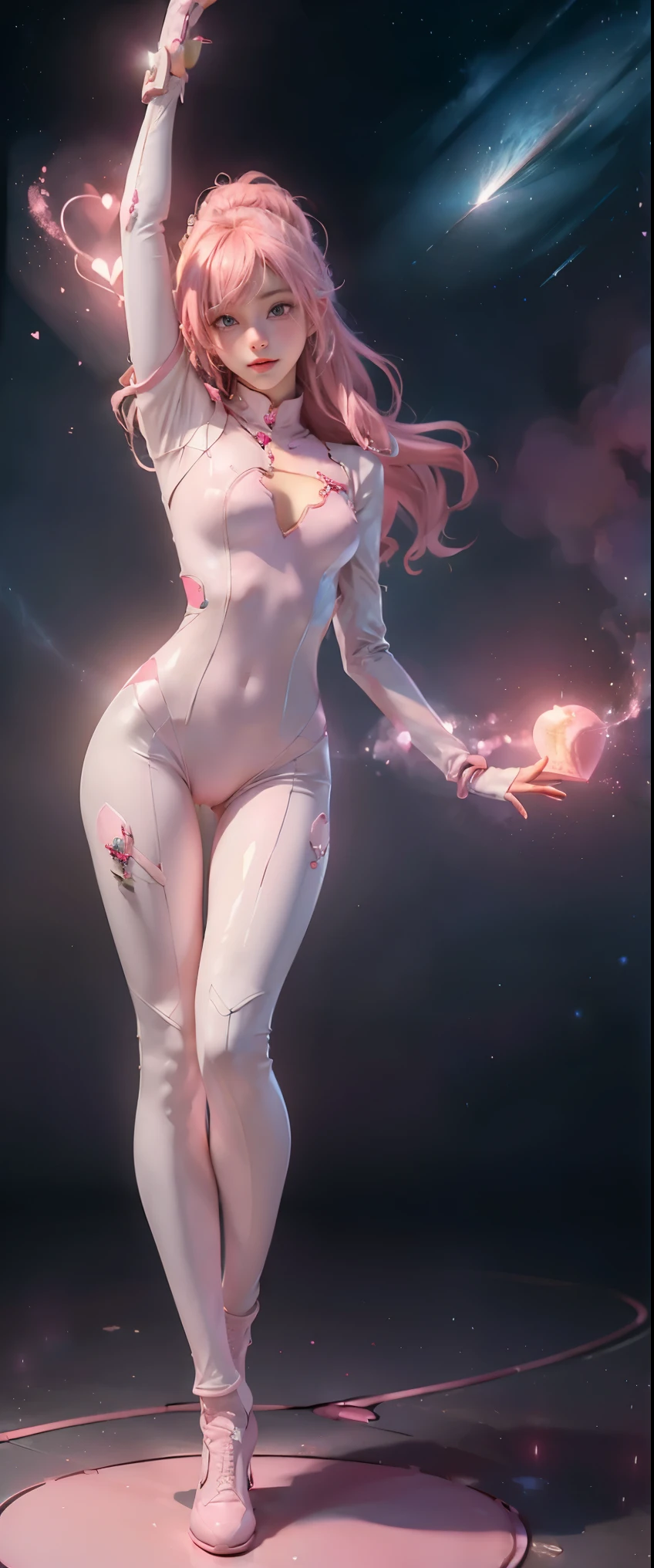 masterpiece、detailed、16K、shiny skin、1girl、(magical girl flying in the night sky)、(白いfull body suitを着ている:1.5)、Are standing、big breasts、big ass、(focus on chest)、pink long blonde、ponytail、green eyes、(非常にdetailedな目と顔)、Accurately drawn face、(複雑なピンクと白のfull body suit、hair ornaments、vivid contrasting colors、intricately designed details:1.2)、(best ratio　1 thumb、Refers to 4 books:1.3)、(heart shaped pink effect:1.5)、(dynamic pose)、(Ghost Smile)、(open your arms:1.2)、(Sparks dance in the night sky:1.3)、(view from below)、A woman wearing a white and pink suit taking a photo, full body suit, タイトなfull body suit, white body, Full body close-up shot, Eva style pilot suit, in a latex suit, laserpunk full body suit, Lacus Clyne, streamlined pink armor