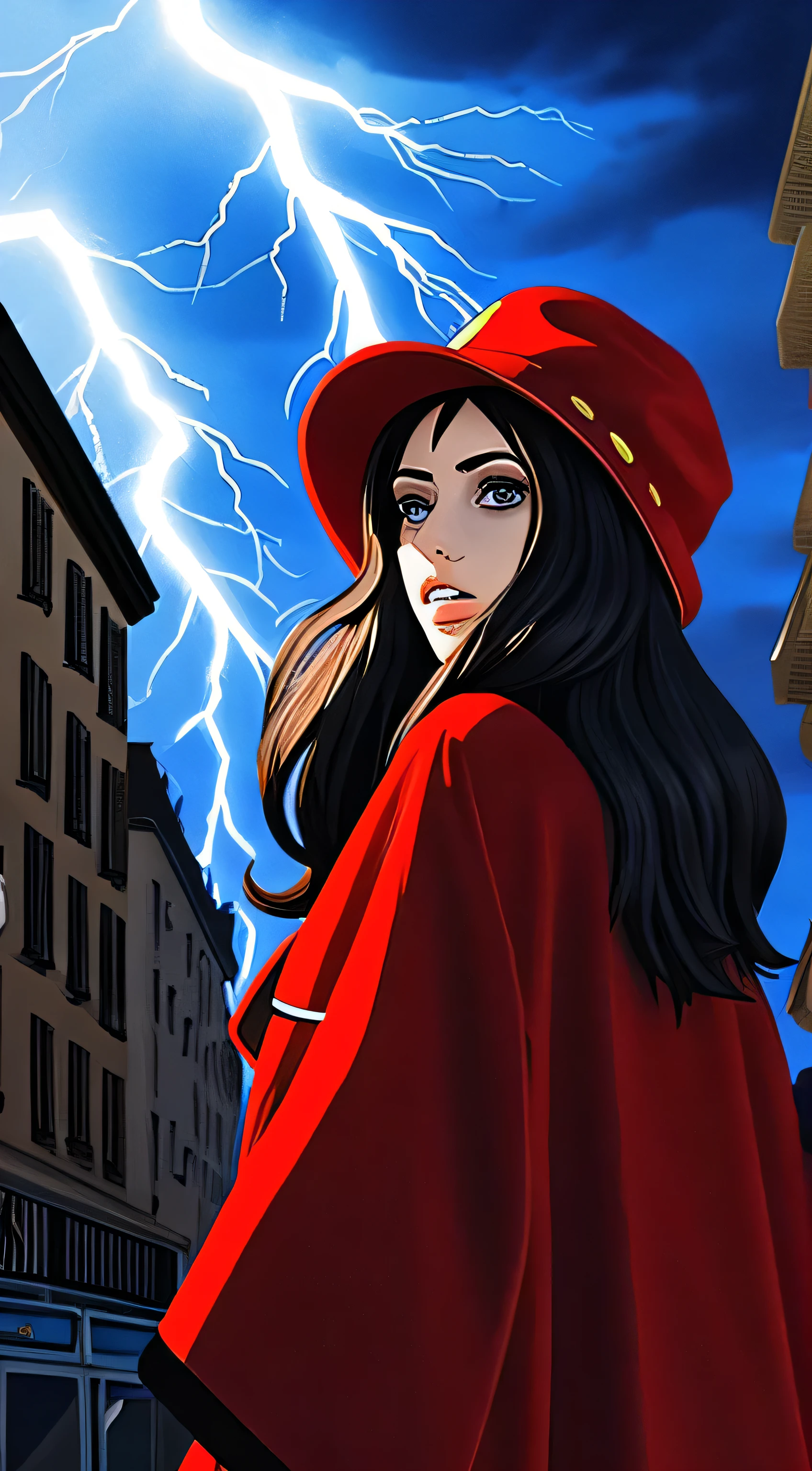 (realistic:0.2), anime illustration, 1girl,, red coat, big red hat, in paris france, sfw, black pants, black office shirt,, carmen sandiego,, blue sky,, long hair,, dramatic lightning, lights, epic lights, light on face, backlit, face light, lit face, fill lamp, fill light, ((masterpiece)),   (carmen_sandiego_v1-1_shurik-2000:0.6)