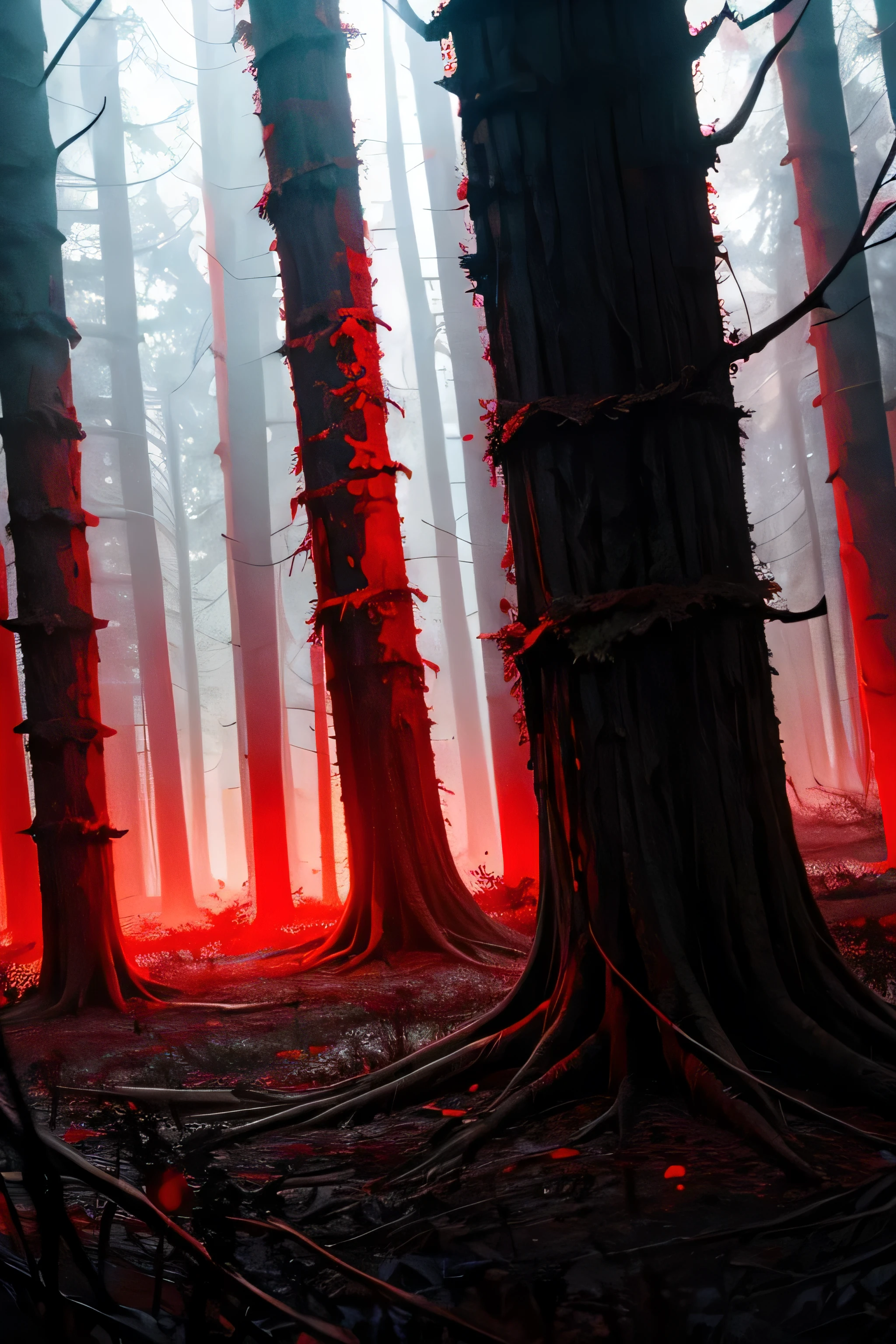 blood forest, bleeding trees, red ambience, horror mood, scary atmosphere, black moon, macabre scene, high FOV, surreal, mythical