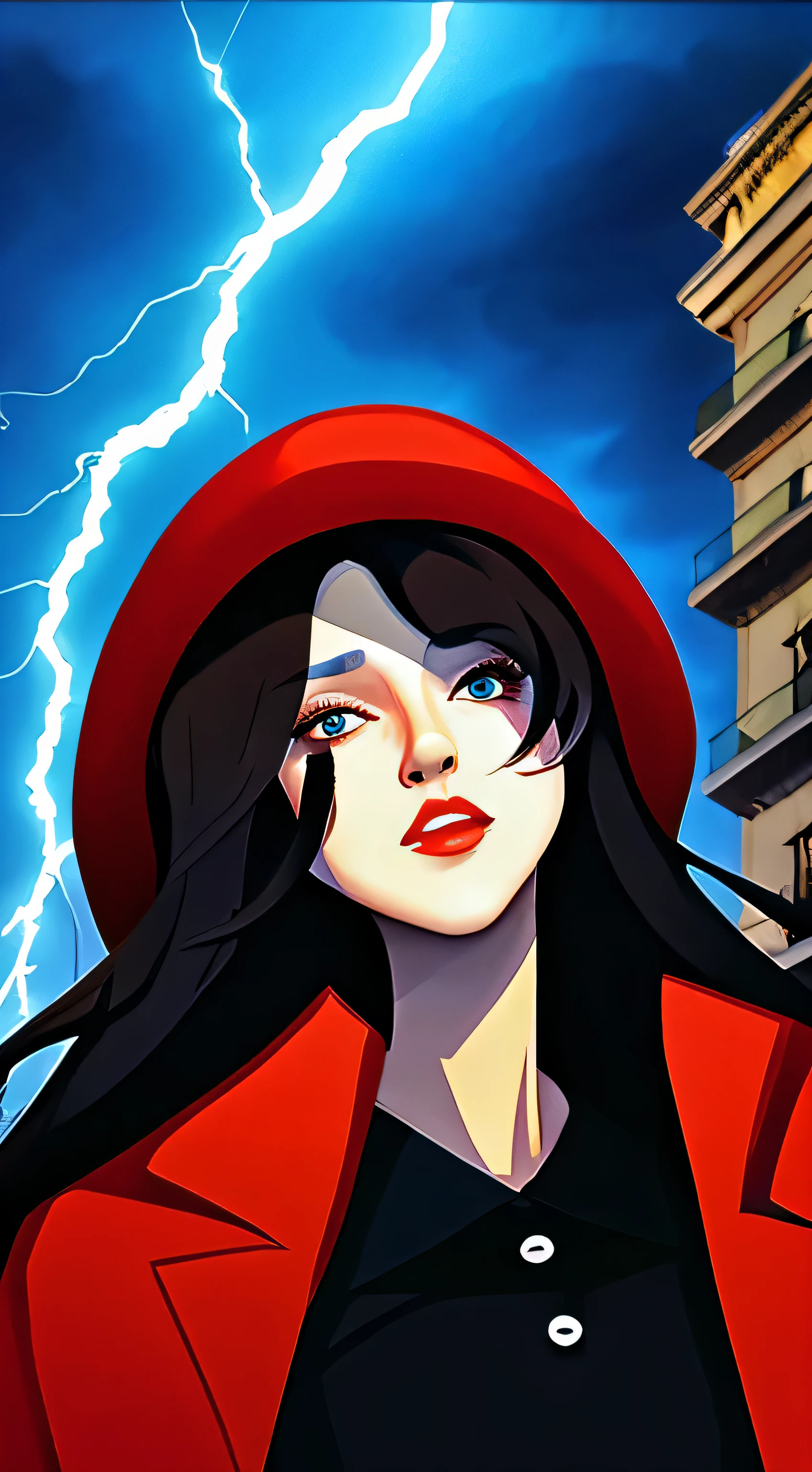 (realistic:0.2), anime illustration, 1girl,, red coat, big red hat, in paris france, sfw, black pants, black office shirt,, carmen sandiego,, blue sky,, long hair,, dramatic lightning, lights, epic lights, light on face, backlit, face light, lit face, fill lamp, fill light, ((masterpiece)),   (carmen_sandiego_v1-1_shurik-2000:0.6)