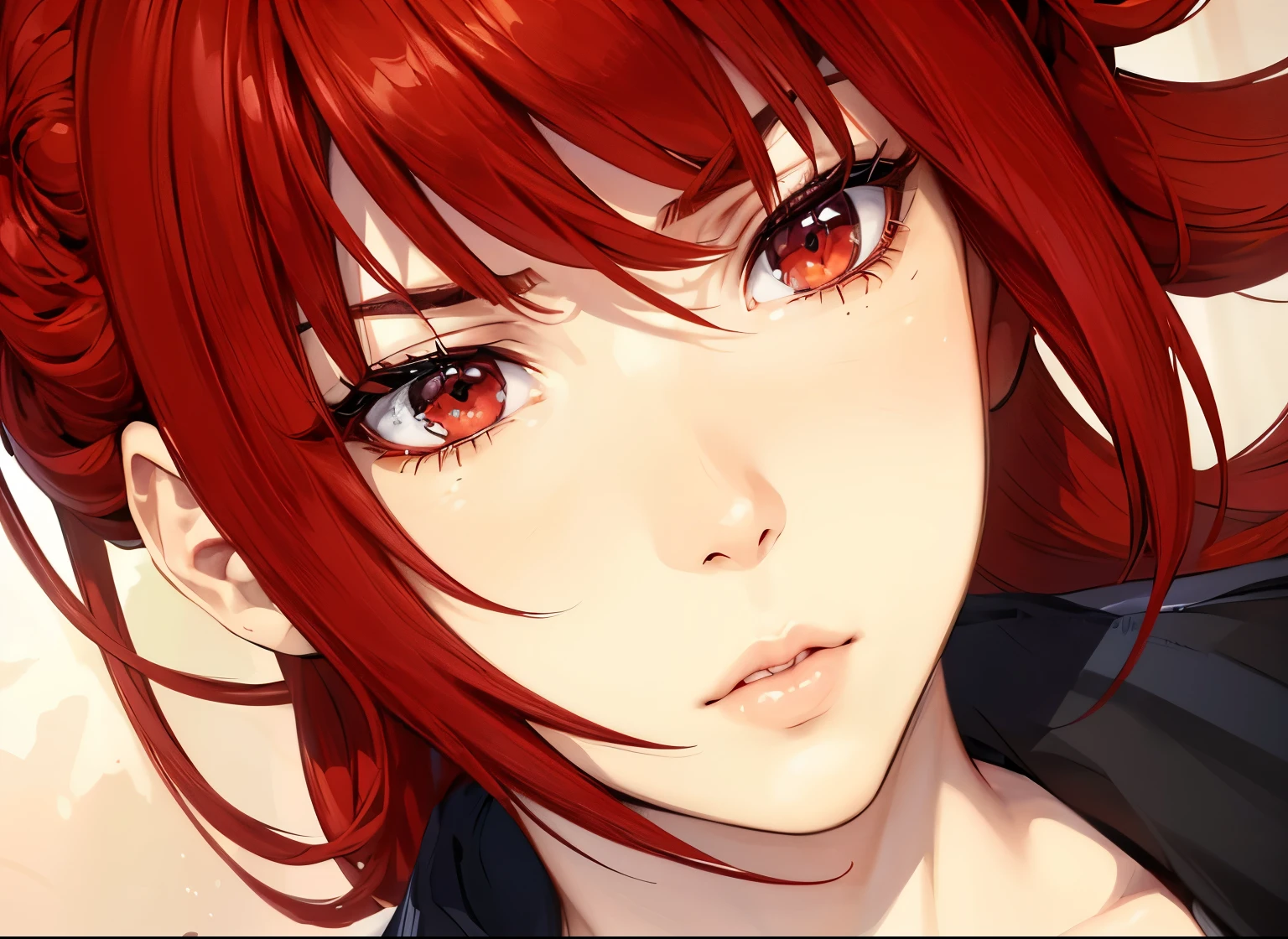 (masterpiece, best quality:1.4), (extremely detailed, 8k, uhd), cinematic shot, natural lighting, ultra highres, vibrant rich colors, (beautiful, aesthetic, perfect, delicate, intricate:1.2), (sharp focus, from front:1.3), eye level shot, 1girl, portrait of a anime girl, young, red hair, (extremely hot, attractive, beautiful, sexy, feminine:1.2) serious expression, serious look, serious eyes, expressive brown eyes, long eyelashes, relaxed,(beautiful detailed face, highly detailed skin, red eyes), gorgeous, breathtaking beauty, seductive, captivating, pale skin, perfect female figure, (slim:0.5), (wearing a dark t-shirt :1.2), (highly saturated lipstick, luscious thick lips), intricate details, daytime, award winning photography, detailed background, volumetric fx, anime, hyper-detailed