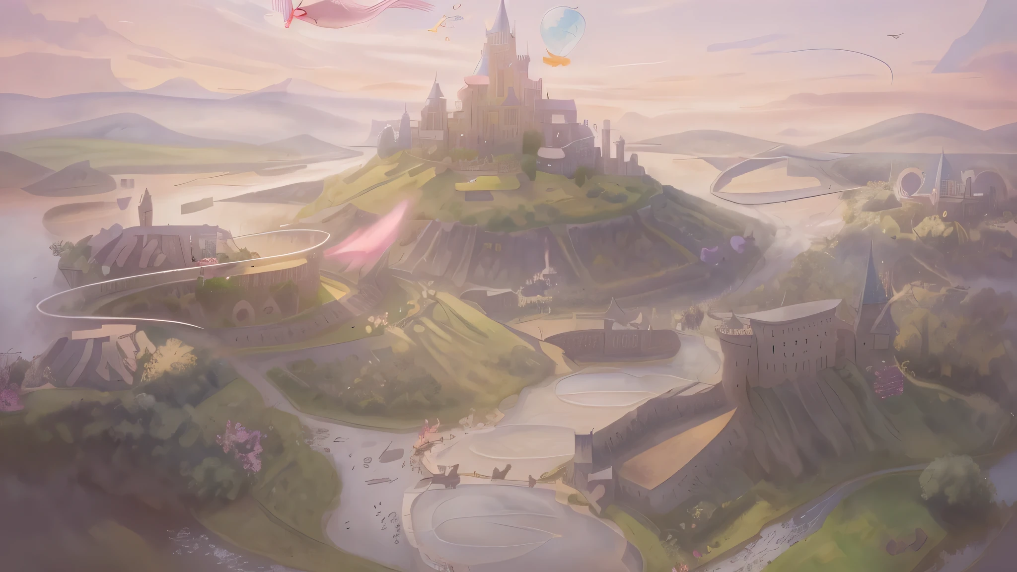 cartoon drawing of a pink bird flying over a river in a field, flying castle, magical castle school on a hill, flying cloud castle, fairy tale style background, an immense floating castle, a beautiful artwork illustration, castles floating in mid air, castle in distance, distant village background, ( castle in the background ), background is disneyland castle, a storybook illustration