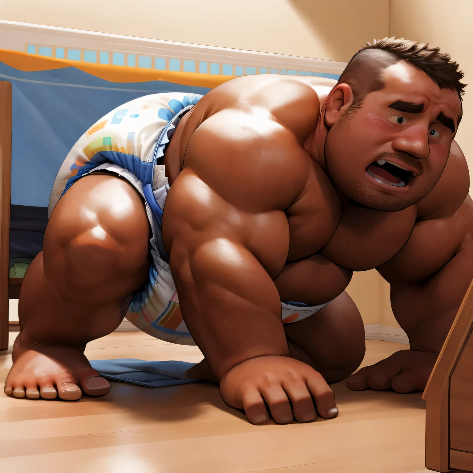 masterpiece, highest quality, At 32K, perfect fingers, very detailed, photo-realistic, the fat man is a cruel prisoner, delay, human, 50s, (obesity: 1.0), fatty muscle, bowl leg, despondency, I was incontinent, 50s, Children check diapers, There is a small puddle under him, I was incontinent, naked, short legs, bowl leg, spread your legs, wear white cloth diapers, White diapers without pattern, Pampers, nakedのお腹, naked足, naked足, nakedの靴底, 上半身naked, wide forehead and short thin hair, A man with a big face and stubble, naked足, nakedの靴底, shy, sob, Drool, round face, vapor, alone, She enters a nursery school but is looked down upon by the children., He was surrounded by children in playpens., naked足, big ass, White diapers, sob, There is a small puddle under him, sob, he crawls to the children, on all fours