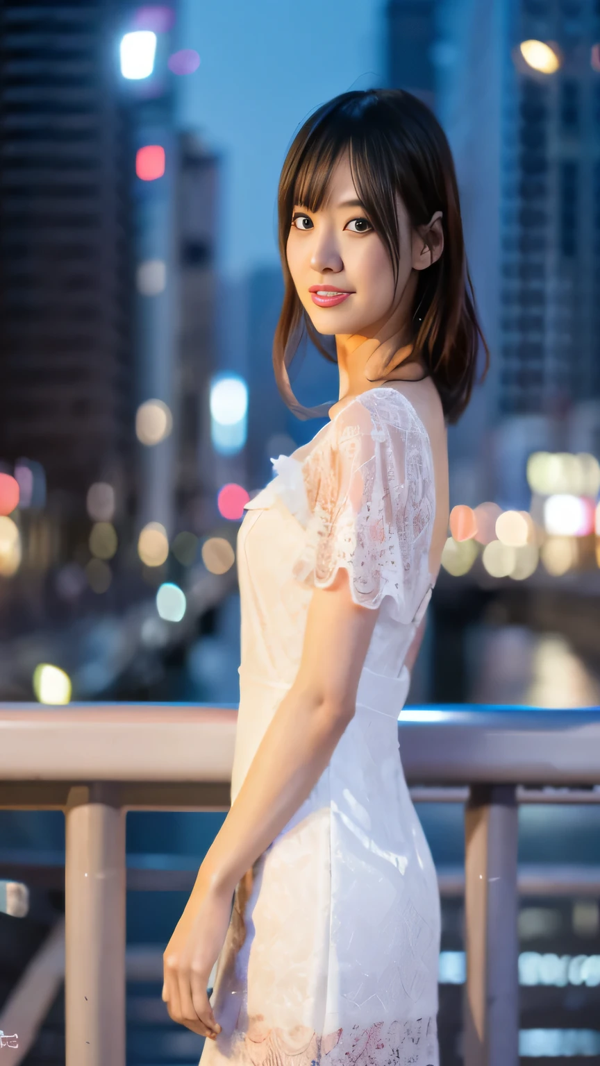 araffe asian woman in white dress standing on a bridge at night, taken with canon eos 5 d mark iv, photo taken with sony a7r, shot with canon eoa 6 d mark ii, 奈良美智, on rooftop tokyo night, chiho, 8k 50mm iso 10