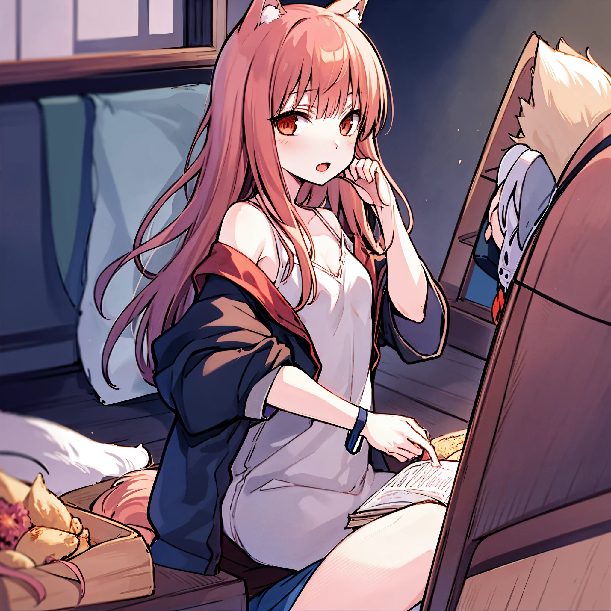 holo, wolf girl, bunny suite, actions, auburn hair, small breasts, holov1, masterpiece,(spice and wolf),holo, spice and wolf lore,