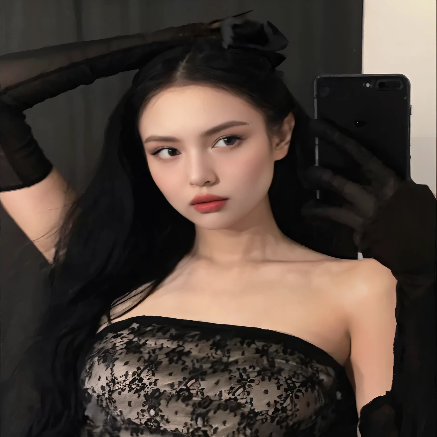 A closeup of a woman in a black dress holding a cell phone, 18 years, anna nikonova aka new milkmaid, , anastasia ovchinnikova, 22 years, 2 4 year old female model, bella poarch, 21 years, Yelena Belova, novia rusa, 19 year old girl
