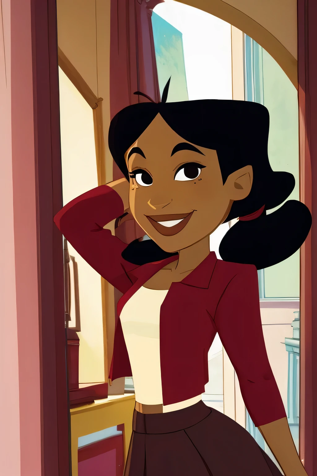 penny proud, black hair, twin tails, dark-skinned, red lipstick, white shirt, red vest, black skirt, black eyes, smile
