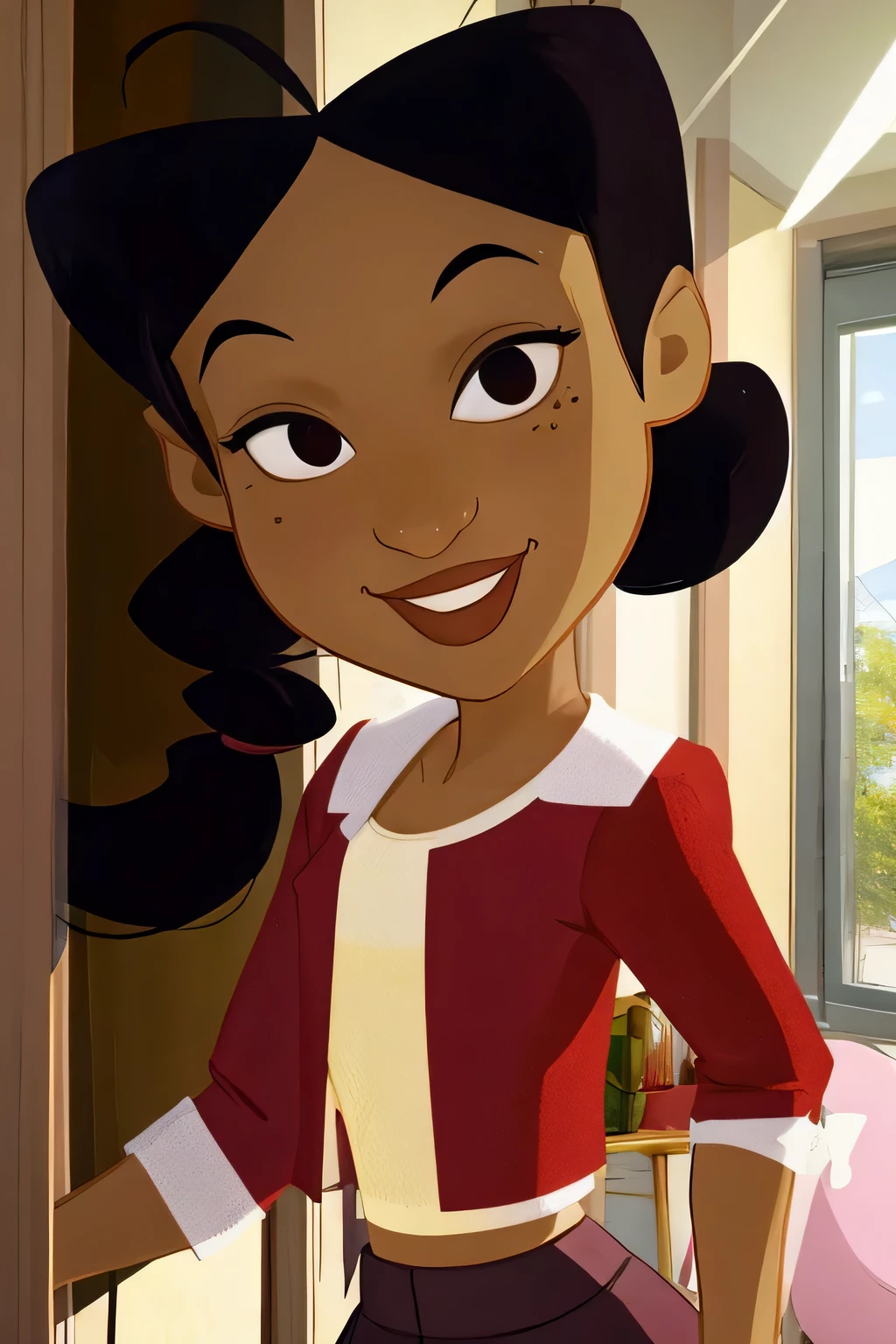 penny proud, black hair, twin tails, dark-skinned, red lipstick, white shirt, red vest, black skirt, black eyes, smile
