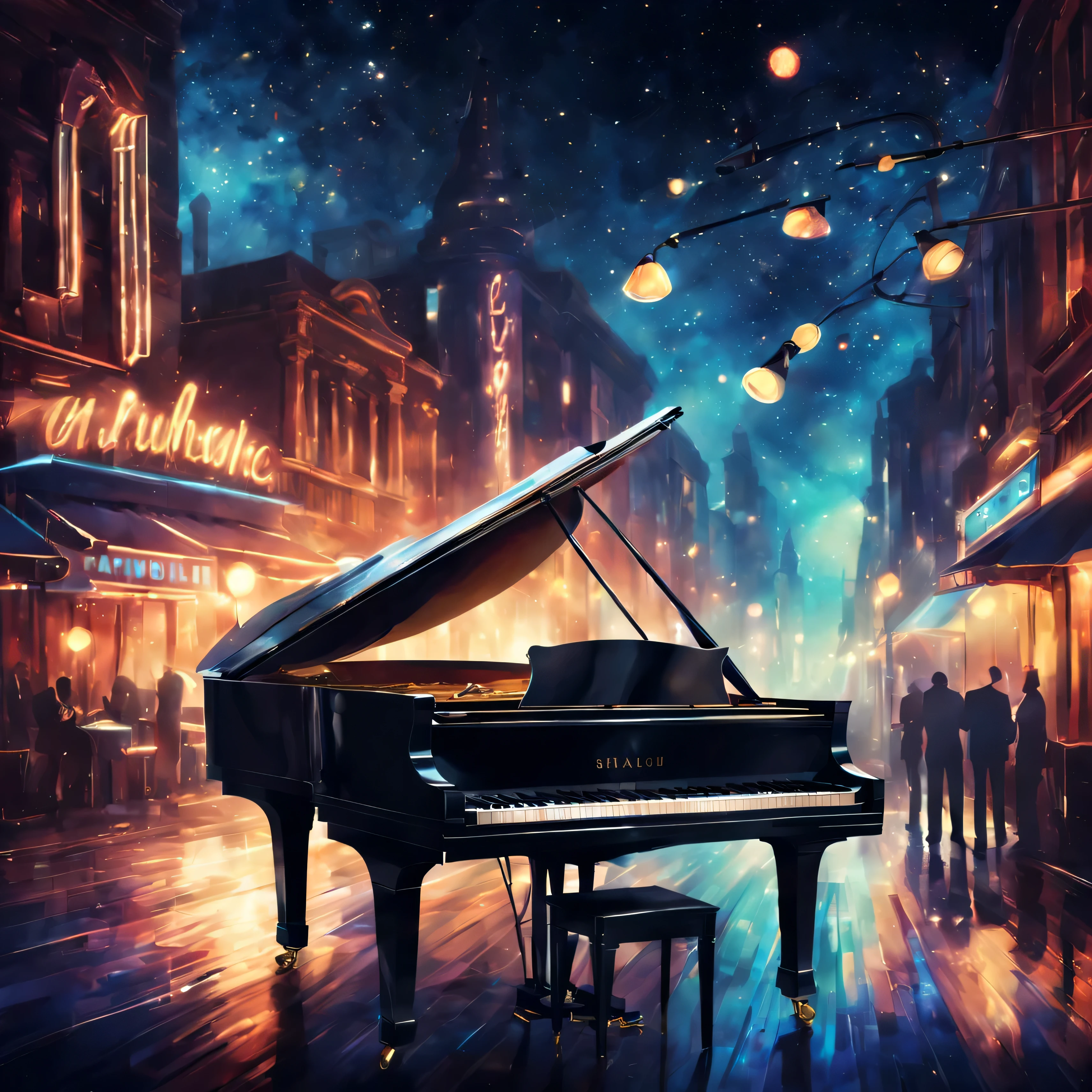 cartel de la noche musical,ciudad de noche,plan,stage with microphone,detailed plan keys,luces vibrantes,dynamic composition,estilo jazz y blues,rica paleta de colores,Soft bokeh lighting,Superficie reflectante,instrumentos musicales en el fondo,Estilo de arte abstracto,Pinceladas suaves,texturas sutiles,Alto contraste,Artistic Perspective,atmospheric environment,Emotional Expression,elegante y sofisticado,harmonious composition,estrellas titilantes,ambiente romantico,Luces brillantes del escenario,valuable antique plan,efecto de orador principal,Unforgettable performance,mystical and dreamer,evento musical ingenioso,art deco inspiration,vivid urban scene,experiencia de vida nocturna,narrativa visual cautivadora,Experiencia de concierto inmersiva,Living energy,ethereal and otherworldly,Creative fusion of music and art.