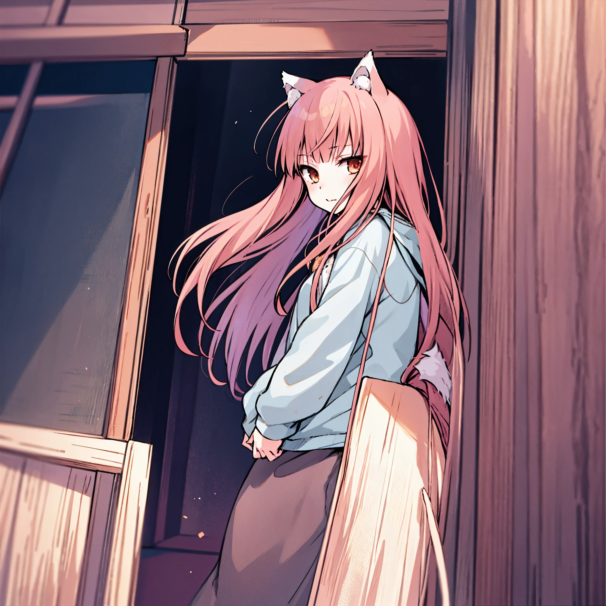 holo, wolf girl, bunny suite, actions, auburn hair, small breasts, holov1, masterpiece,(spice and wolf),holo,spice and wolf lore,wolf tail, fluffy tail, long auburn hair, auburn colored wolf tail