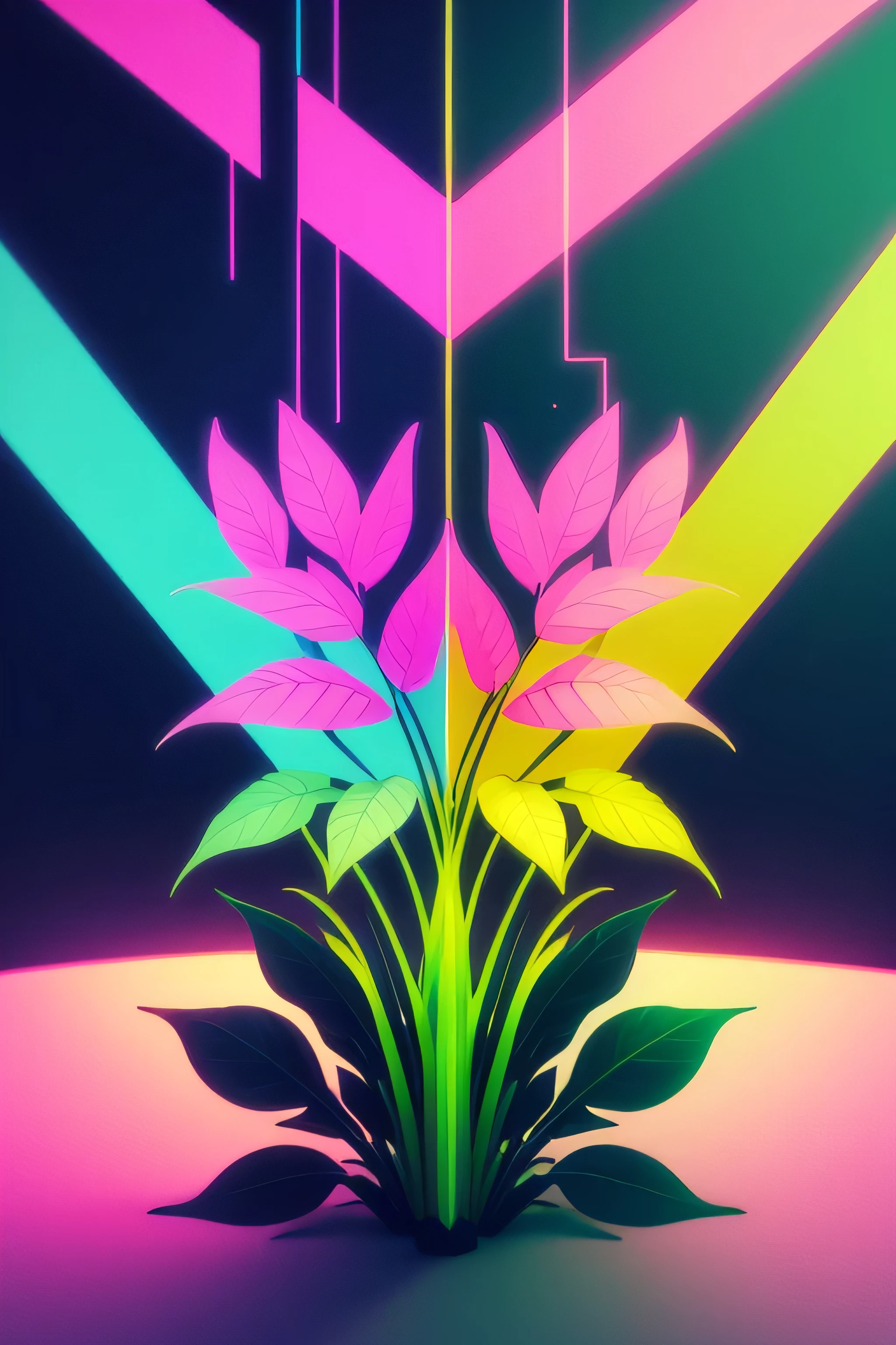 glitchy plant, glitchy effects, green blue and pink colors, glitch effect, virtual space