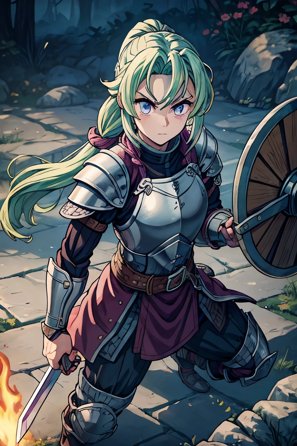 leaning pose, chill pose, photolillac eyes, light purple eyes, light green hair, pink plate armor, lillac eyes, heavy fighter,posing with a crusader shield and sword,female,The ponytail is fluttering and messy,Heroic, full body shot,The face is clear and accurate, super-fine,16K resolution,high qulity,电影灯光,High picture detail,dynamic viewing angle, epic shooting,oc rendered, full plate armour, realistic warrior, man chest, no skin, no exposed skin, no , male chest, flat chest, powerful knight, battle-ready, medieval fantasy, strong and muscular, detailed armor crafting, intimidating presence, helmet with visor, sturdy gauntlets, reinforced breastplate, chainmail underlay, realistic metal texture, battle-worn, authentic medieval design, leather straps and buckles, historical accuracy, knight's coat of arms, sword and shield, fierce warrior, serious and focused gaze, heroic pose, high-res masterpiece:1.2, ultra-detailed, HDR, vivid colors, sharp focus