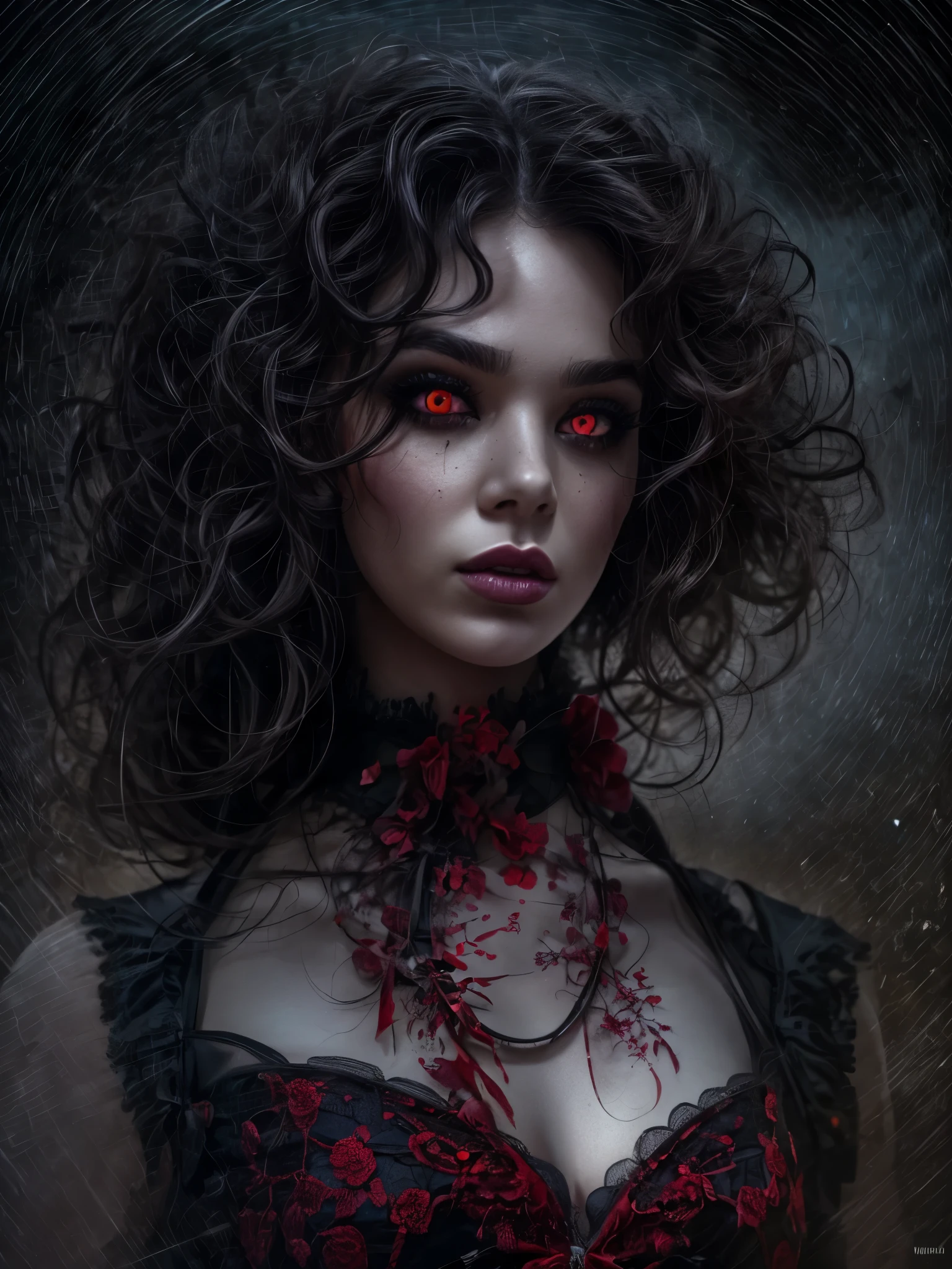 gorgeous woman, a photorealistic beautiful seductress, devilish, curly hair, hell, dark sky, gloomy, exotic black and red vilain dress, choker style colar, blood color eyes, detailed face, goth, dark fantasy, bloody, foggy cemetary, brown eyes