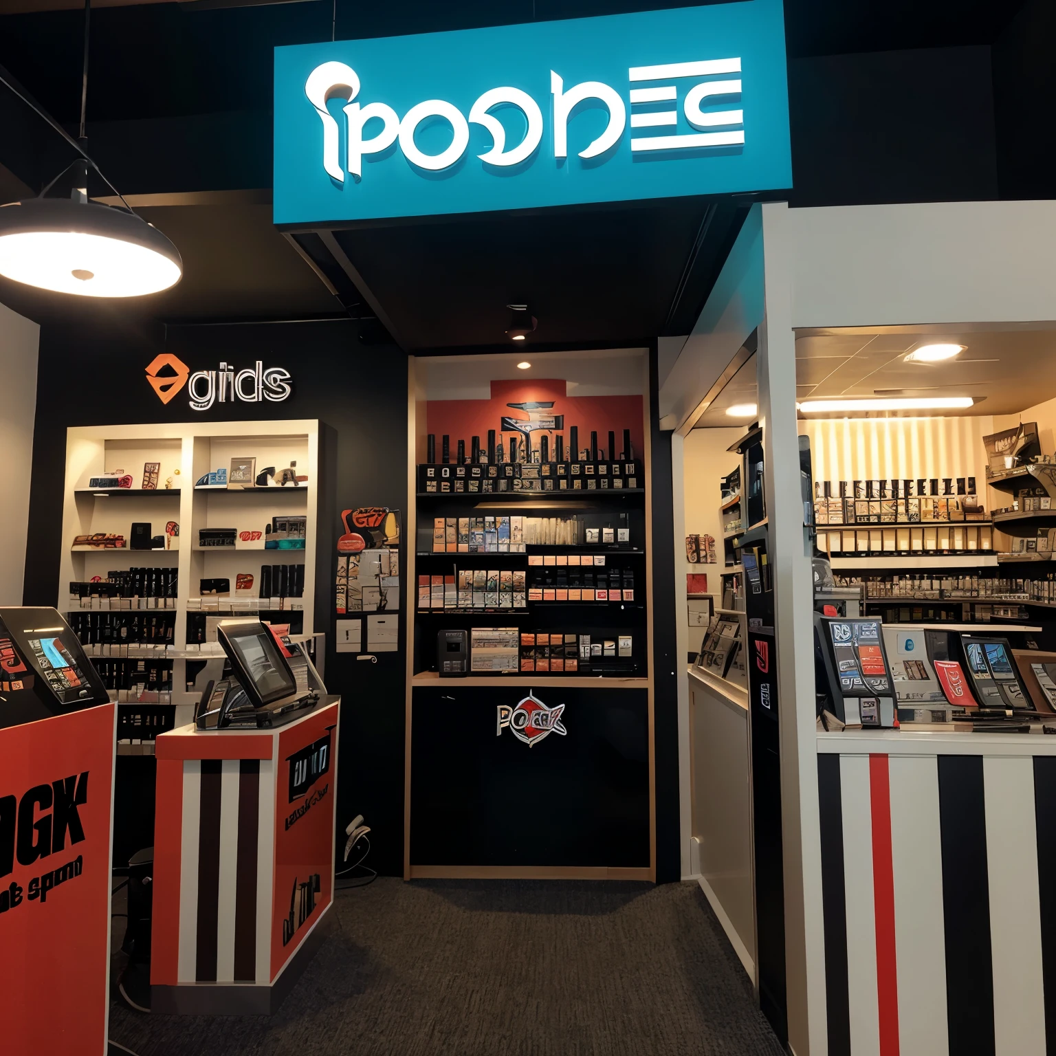 Uma logo , an electronic cigarette store, A “PodMania” text , cartoon