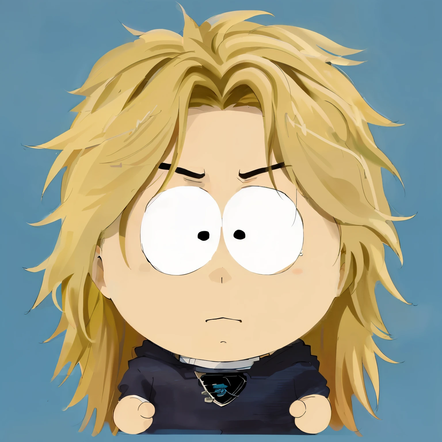 a close up of a cartoon character with a sad face, avatar with a blond hair, long shaggy-haired rocker, johan liebert mixed with alucard, johan liebert, in style of south park, johan liebert mixed with dante, south park style, messy blond hair, blond furr, eric cartman, inspired by Taiyō Matsumoto