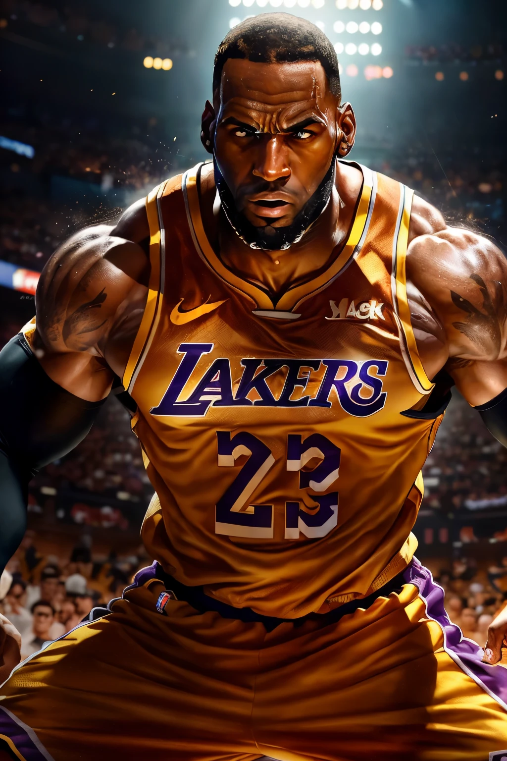 Movie-like CG rendering of LeBron James in an authentic Lakers jersey, meticulously captured in 8K resolution. The jersey material is ultra-detailed, expertly showcasing the intricate letters and numbers, clinging tightly to his toned body. The scene is bathed in high-contrast lighting, highlighting the definition of his massive biceps as they bulge and flex with unmatched intensity. The background is blurred, drawing all focus to the larger-than-life physique and unwavering determination evident in his piercing eyes. This image is a testament to the artist's mastery of mega-detailed CG artistry.
