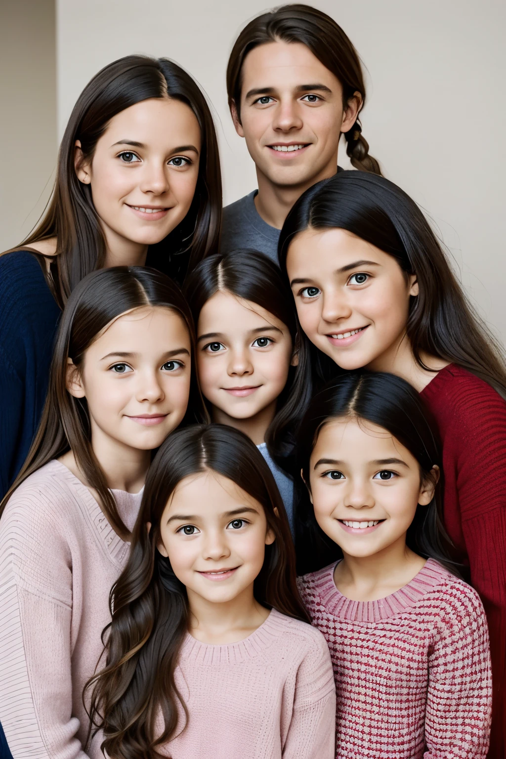 Generate a hyper-realistic image of a family with seven kids and two parents. Four of the older children, aged between nine and twelve, have wavy brown hair and wear casual outfits. Their eyes are bright and full of curiosity, reflecting their playful ambiance. The eldest child, a boy with spiky black hair, wears a red sweater and looked directly at the viewer with a mischievous smile.
Three middle children, all girls, share fair complexions and long, curly blonde hair. The first middle , aged seven, puts on a pensive expression while playing with her hair. The second middle , aged six, sports a pink dress and looks up