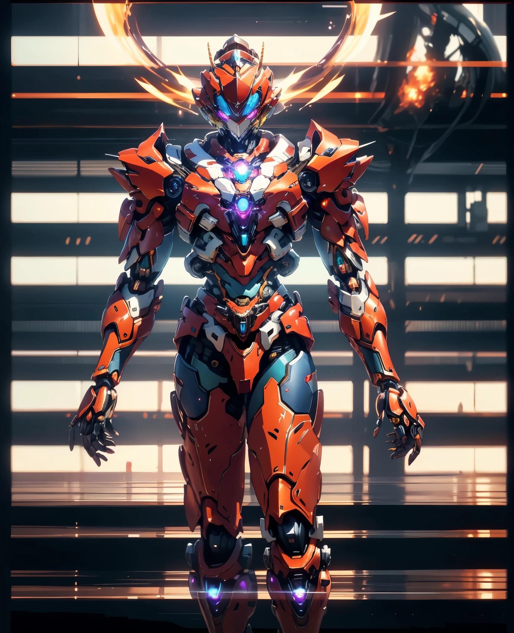 A woman adorned in fantasy-style full-body armor, a crown-concept fully enclosed helmet that unveils only her eyes, a composite layered chest plate, fully encompassing shoulder and hand guards, a lightweight waist armor, form-fitting shin guards, the overall design is heavy-duty yet flexible, (the armor gleams with a golden glow, complemented by red and blue accents), exhibiting a noble aura, she floats above a fantasy-surreal high-tech city, this character embodies a finely crafted fantasy-surreal style armored hero in anime style, exquisite and mature manga art style, (Queen Bee Concept Armor, blood), ((plasma, bio mecha, long legs, elegant, goddess, femminine:1.5)), metallic, high definition, best quality, highres, ultra-detailed, ultra-fine painting, extremely delicate, professional, anatomically correct, symmetrical face, extremely detailed eyes and face, high quality eyes, creativity, RAW photo, UHD, 32k, Natural light, cinematic lighting, masterpiece-anatomy-perfect, masterpiece:1.5