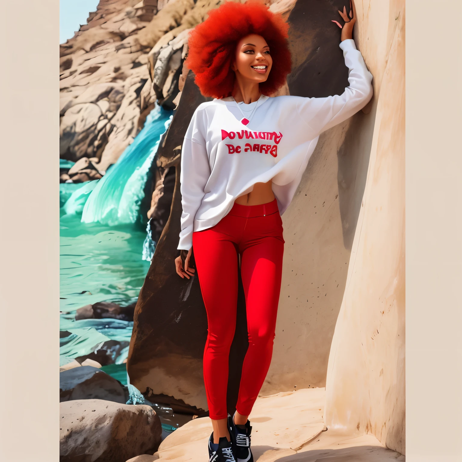 there is a woman standing next to a wall with a surfboard, flowy hair standing on a rock, purple bridges with leggins, digital art!!, red afro, casual pose, with a cool pose, leaked image, cool pose, with afro, ashteroth, looking happy, big red afro, natural pose, striking pose, doing a sassy pose