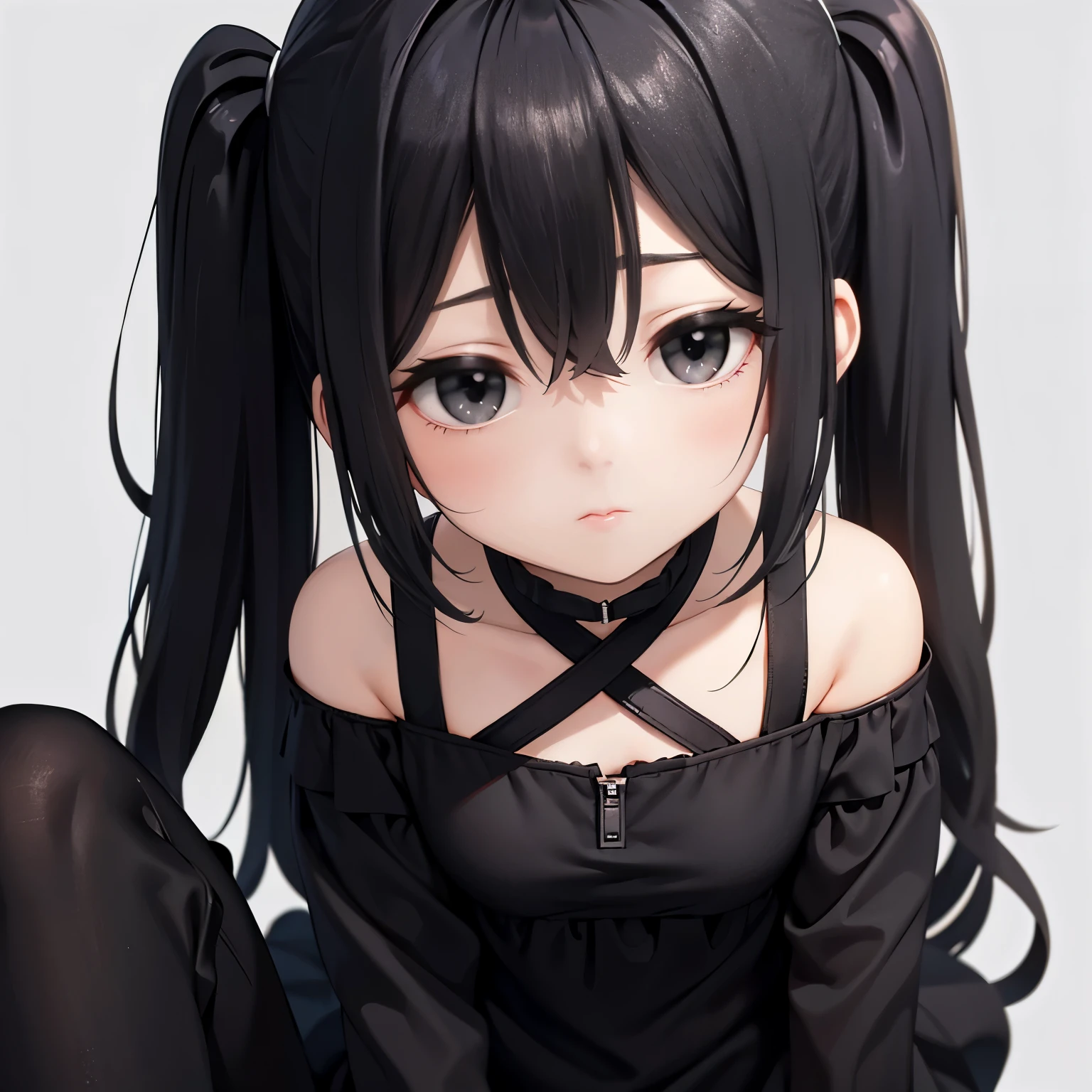 Black hair, grey skin, girl, smal, short, little, two pig tails, long hair, black dress, black pants, black eyes, completely black eyes, short, kuudere, expressionless, emotionless, white background