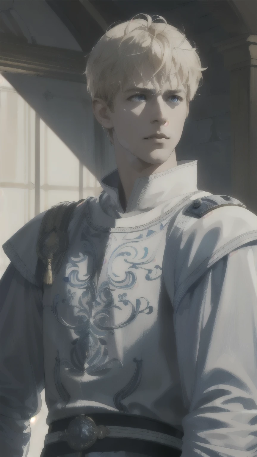 (best quality,4k,8k,highres,masterpiece:1.2),ultra-detailed,(realistic,photorealistic,photo-realistic:1.37),man,38 years old,king,knight in shining white armor,blondish short voluminous hair,blue eyes,serious facial expression,fencer,medieval,King Arthur