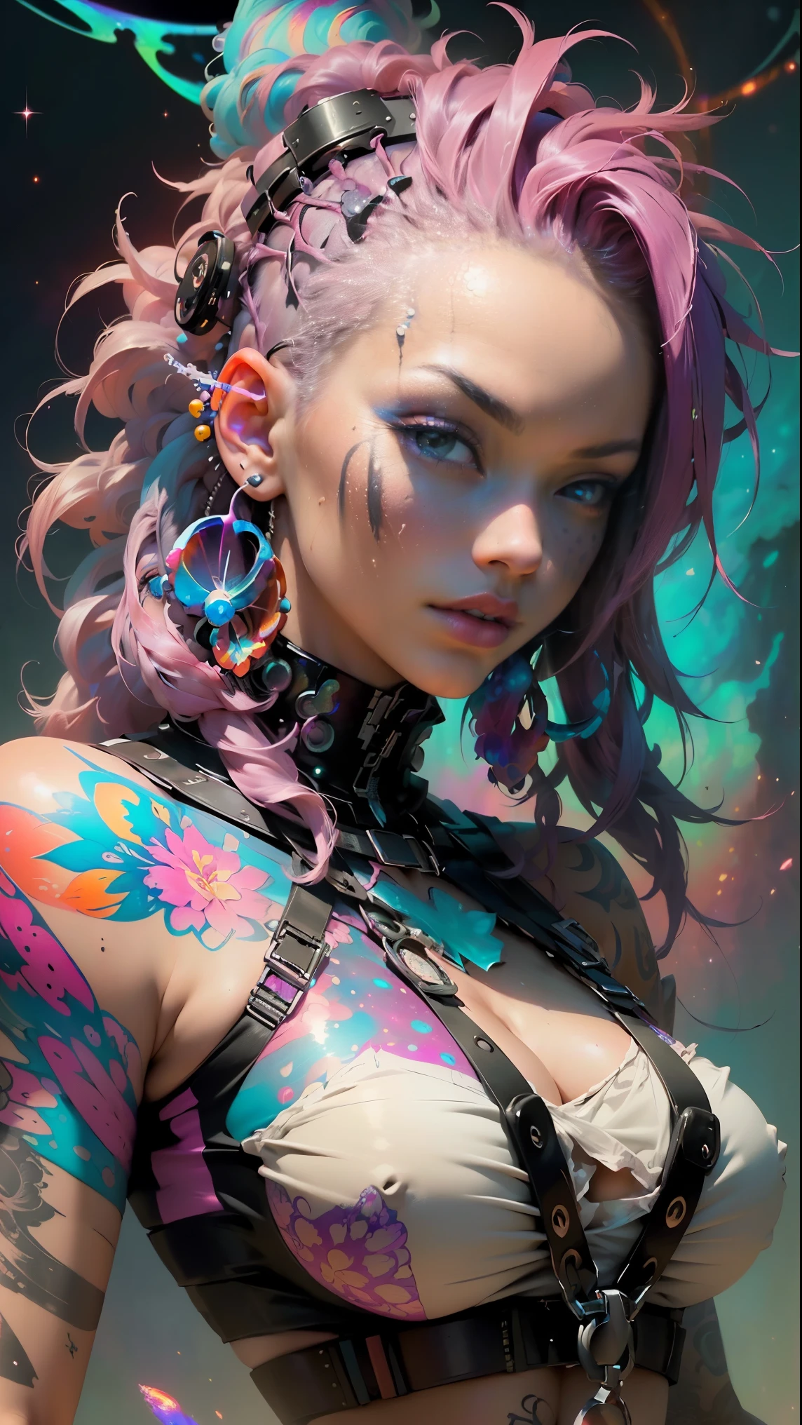 (masterpiece, top quality, best quality, official art, beautiful, cosmic, atmospheric, psychedelic, dreamlike and aesthetic:1.2), (1girl, pink punk rock mohawk hair, tons of tattoos and piercings, super huge enormously gigantic tits), extreme detailed,(fractal art:1.3),colorful,highest detailed, cherry blossoms and butterflies blowing in the wind 