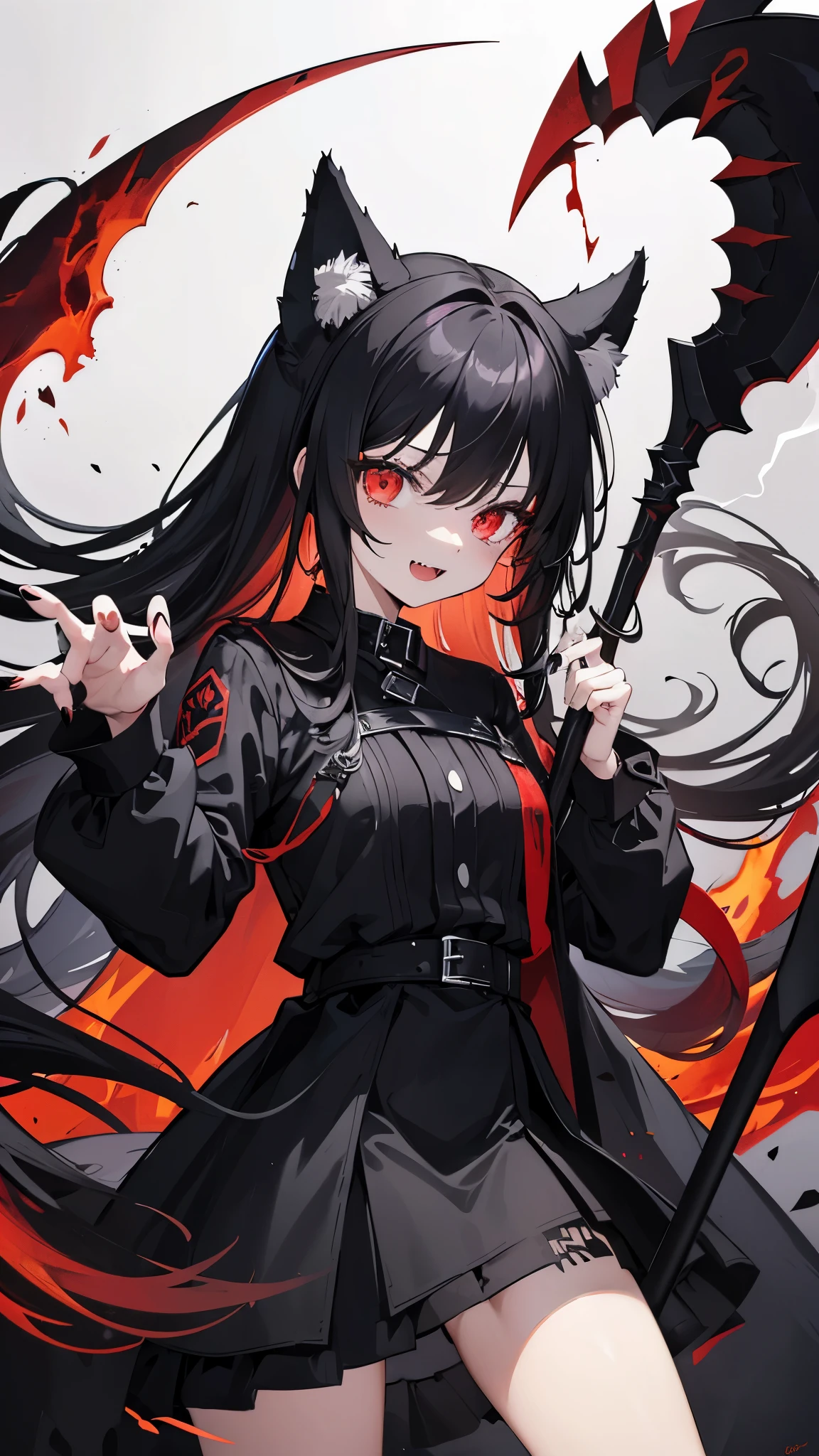 (masterpiece), (best quality), (ultra-detailed), A woman with (cat ears) and fallen angel wings looks wickedly at the camera, her crimson eyes glowing. She has long, black, curly hair that is styled in a ponytail. Her skin is pale and smooth. She wears a (fallen angel's:1.2) outfit, consisting of a black leather dress, a black feather cloak, and black heels. She has a horn on her forehead and a tail behind her back. She holds a (scythe:1.3) in her hand, ready to reap or destroy.
She is in an outdoor hell, with a (fiery:1.4) sky and a lava lake behind her.
The angle is low and close-up, creating a sense of intimacy and danger.
The effect is (smoke:1.5) and (redness:1.6), making the image infernal and sinister., more_details:-1, more_details:0, more_details:0.5, more_details:1, more_details:1.5, masterpiece, best quality, ultra-detailed, beautiful, nai3, 1girl, solo, smile, wolf girl, wolf ears, wolf tail, fluffy, messy hair, black hair, fangs, open mouth, :d, open jacket, claw pose, sharp fingernails, black nails, (moe artstyle:1.2), (scribble lineart1.2), (messy lineart:1.2), (sketch:1.3)