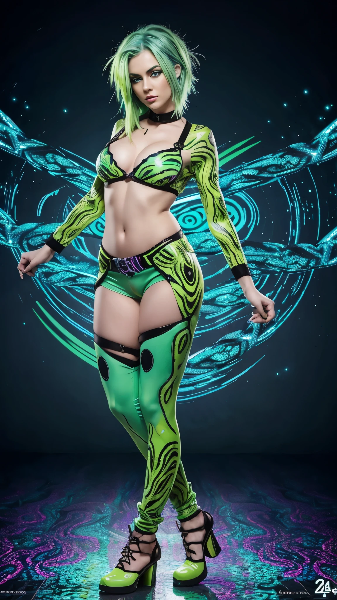 A beautiful wild woman with a sexy rough look, green hair, bright blue eyes, (full body:1.5), (acid design:1.6), hyperrealistic, 8k, vibrant colors, sharp crisp image