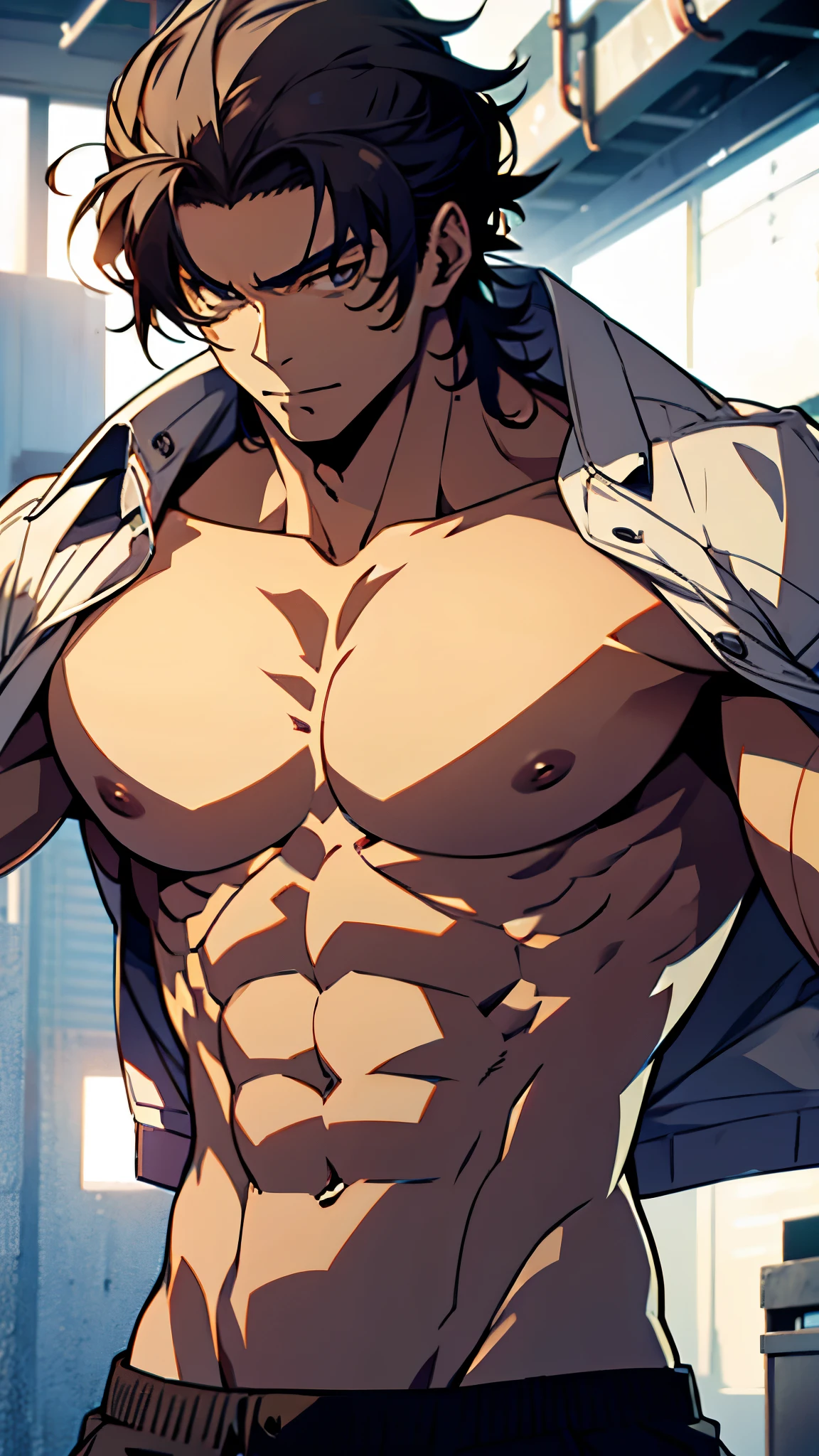 Satoru Gojo , muscular, shirtless, without his shirt, flexing his abs