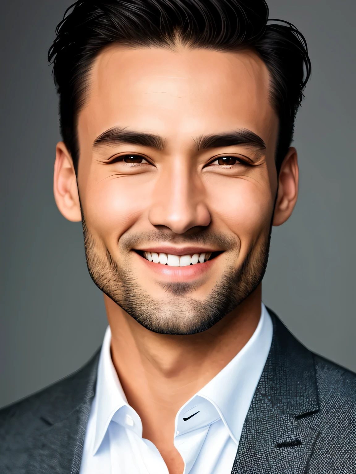 Niedlich, Male model, Mann asiatischer Herkunft, helle Haut, mittleres Haar glatt schwarz, heterochromatische Augen, (Hauttextur), Hautporen, shallow depth of field, Scharfer Augenfokus, hinterleuchtet, spitz zulaufende Nase, WITH SMILE