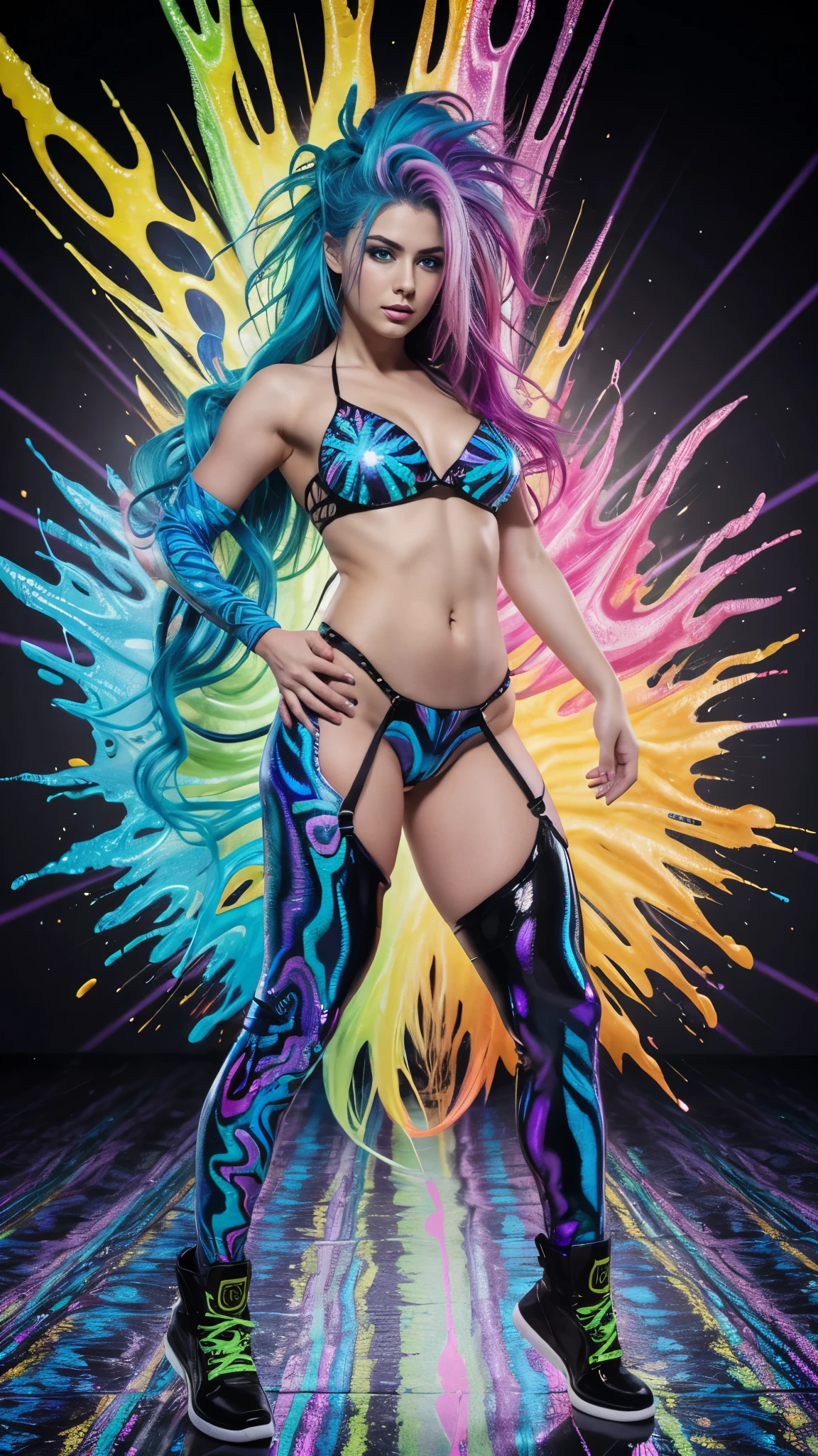 A beautiful wild woman with a sexy rough look, rainbow hair, bright blue eyes, (full body:1.5), (acid design:1.6), hyperrealistic, 8k, vibrant colors, sharp crisp image