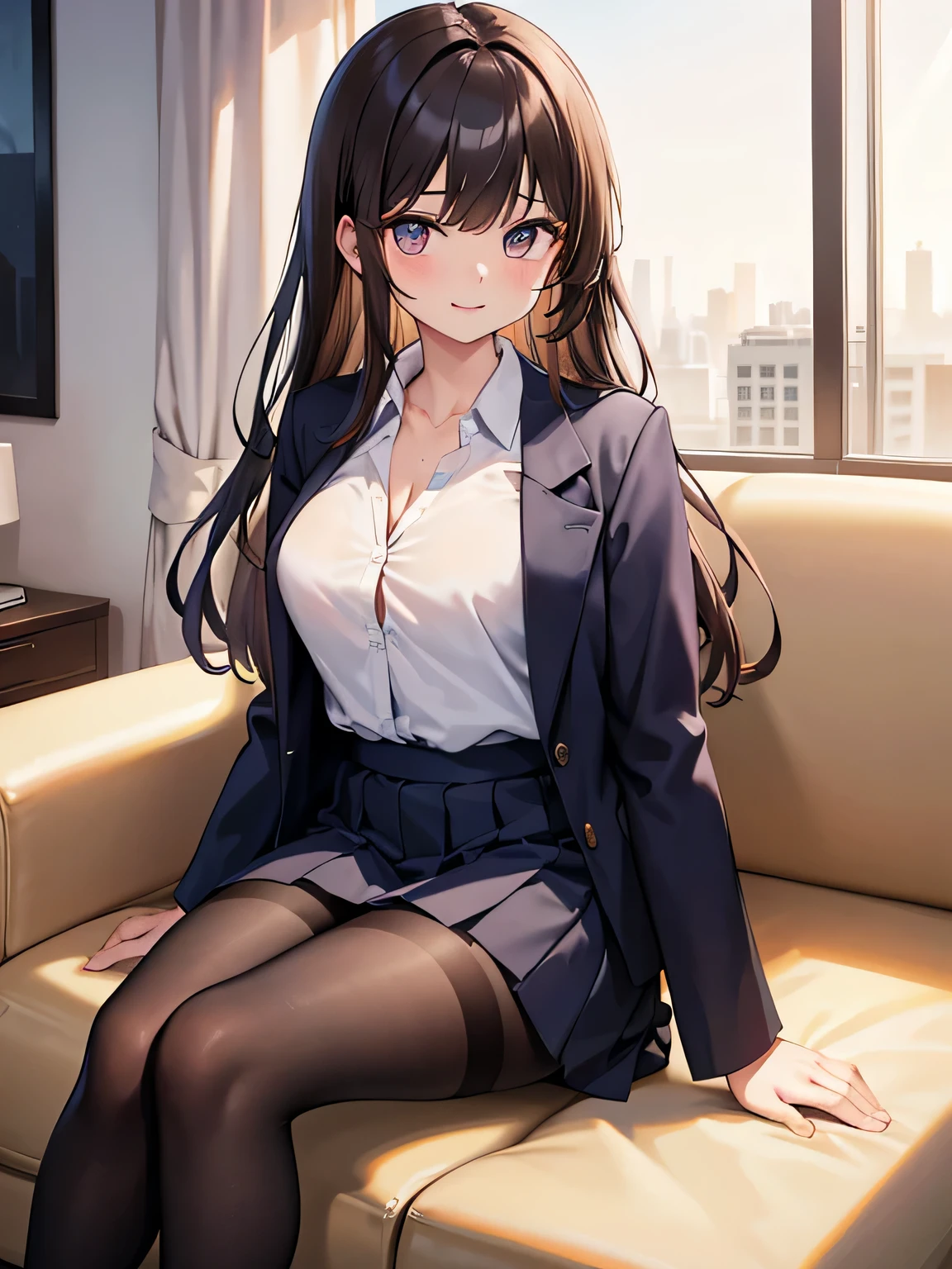(1) Two sisters are sitting with their knees together on the sofa in the living room. My sister is pink from the gap between her skirt and thighs、My sister can see her light blue panties.
(2) My sister is a 17 year old high school student., Wearing a miniskirt uniform and socks.
(3) The older sister is a 23-year-old office lady.、Navy blazer and skirt with white V-neck innerwear、wearing brown full-length stockings。.
(4) My younger sister has semi-long black hair..
(5) My sister has long brown hair.
(6) The two women have mischievous smiles on their faces..
(7) Both women's breasts are not that big..
(8) The location is the sofa in the living room of the apartment..
