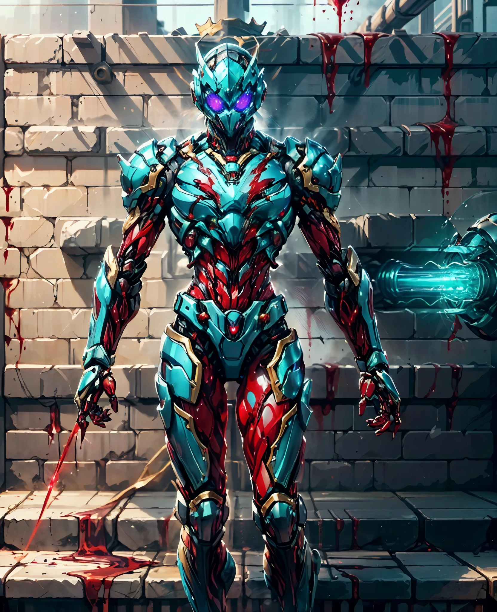 A woman adorned in fantasy-style full-body armor, a crown-concept fully enclosed helmet that unveils only her eyes, a composite layered chest plate, fully encompassing shoulder and hand guards, a lightweight waist armor, form-fitting shin guards, the overall design is heavy-duty yet flexible, (the armor gleams with a golden glow, complemented by red and blue accents), exhibiting a noble aura, she floats above a fantasy-surreal high-tech city, this character embodies a finely crafted fantasy-surreal style armored hero in anime style, exquisite and mature manga art style, (Queen Bee Concept Armor, blood), ((plasma, bio mecha, long legs, elegant, goddess, femminine:1.5)), metallic, high definition, best quality, highres, ultra-detailed, ultra-fine painting, extremely delicate, professional, anatomically correct, symmetrical face, extremely detailed eyes and face, high quality eyes, creativity, RAW photo, UHD, 32k, Natural light, cinematic lighting, masterpiece-anatomy-perfect, masterpiece:1.5