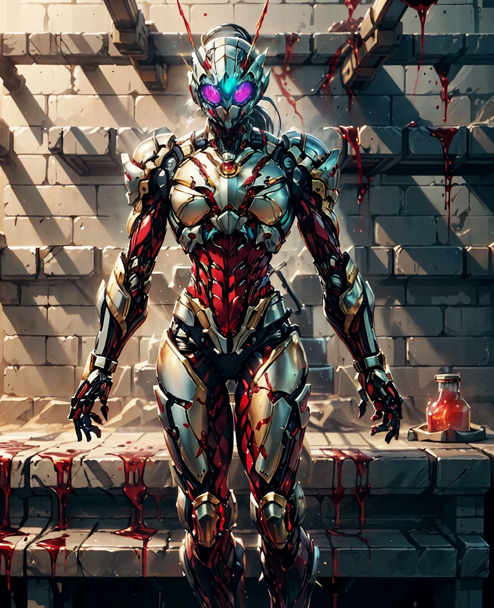 A woman adorned in fantasy-style full-body armor, a crown-concept fully enclosed helmet that unveils only her eyes, a composite layered chest plate, fully encompassing shoulder and hand guards, a lightweight waist armor, form-fitting shin guards, the overall design is heavy-duty yet flexible, (the armor gleams with a golden glow, complemented by red and blue accents), exhibiting a noble aura, she floats above a fantasy-surreal high-tech city, this character embodies a finely crafted fantasy-surreal style armored hero in anime style, exquisite and mature manga art style, (Queen Bee Concept Armor, blood), ((plasma, bio mecha, long legs, elegant, goddess, femminine:1.5)), metallic, high definition, best quality, highres, ultra-detailed, ultra-fine painting, extremely delicate, professional, anatomically correct, symmetrical face, extremely detailed eyes and face, high quality eyes, creativity, RAW photo, UHD, 32k, Natural light, cinematic lighting, masterpiece-anatomy-perfect, masterpiece:1.5