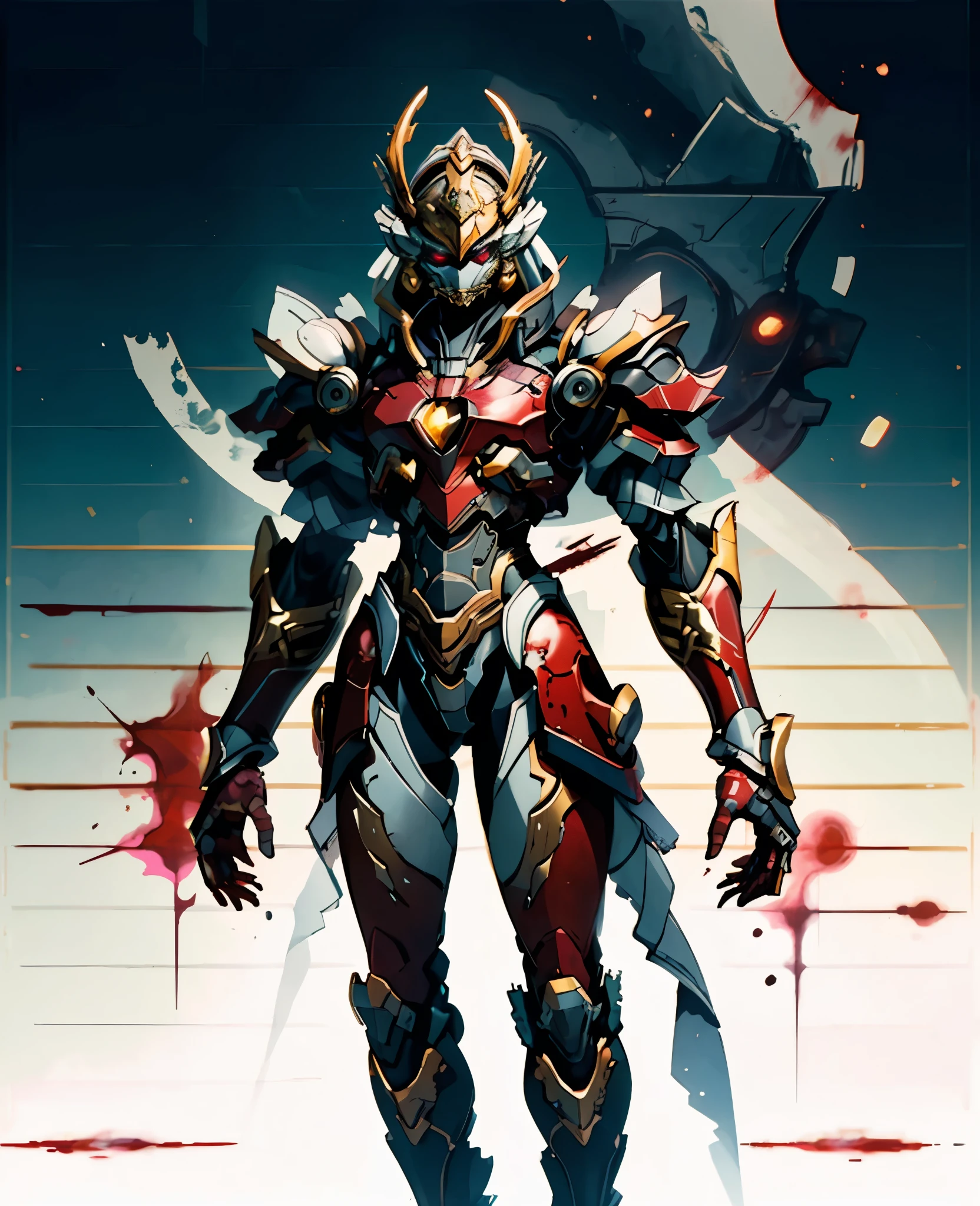 A woman adorned in fantasy-style full-body armor, a crown-concept fully enclosed helmet that unveils only her eyes, a composite layered chest plate, fully encompassing shoulder and hand guards, a lightweight waist armor, form-fitting shin guards, the overall design is heavy-duty yet flexible, (the armor gleams with a golden glow, complemented by red and blue accents), exhibiting a noble aura, she floats above a fantasy-surreal high-tech city, this character embodies a finely crafted fantasy-surreal style armored hero in anime style, exquisite and mature manga art style, (Queen Bee Concept Armor, blood), ((plasma, bio mecha, long legs, elegant, goddess, femminine:1.5)), metallic, high definition, best quality, highres, ultra-detailed, ultra-fine painting, extremely delicate, professional, anatomically correct, symmetrical face, extremely detailed eyes and face, high quality eyes, creativity, RAW photo, UHD, 32k, Natural light, cinematic lighting, masterpiece-anatomy-perfect, masterpiece:1.5