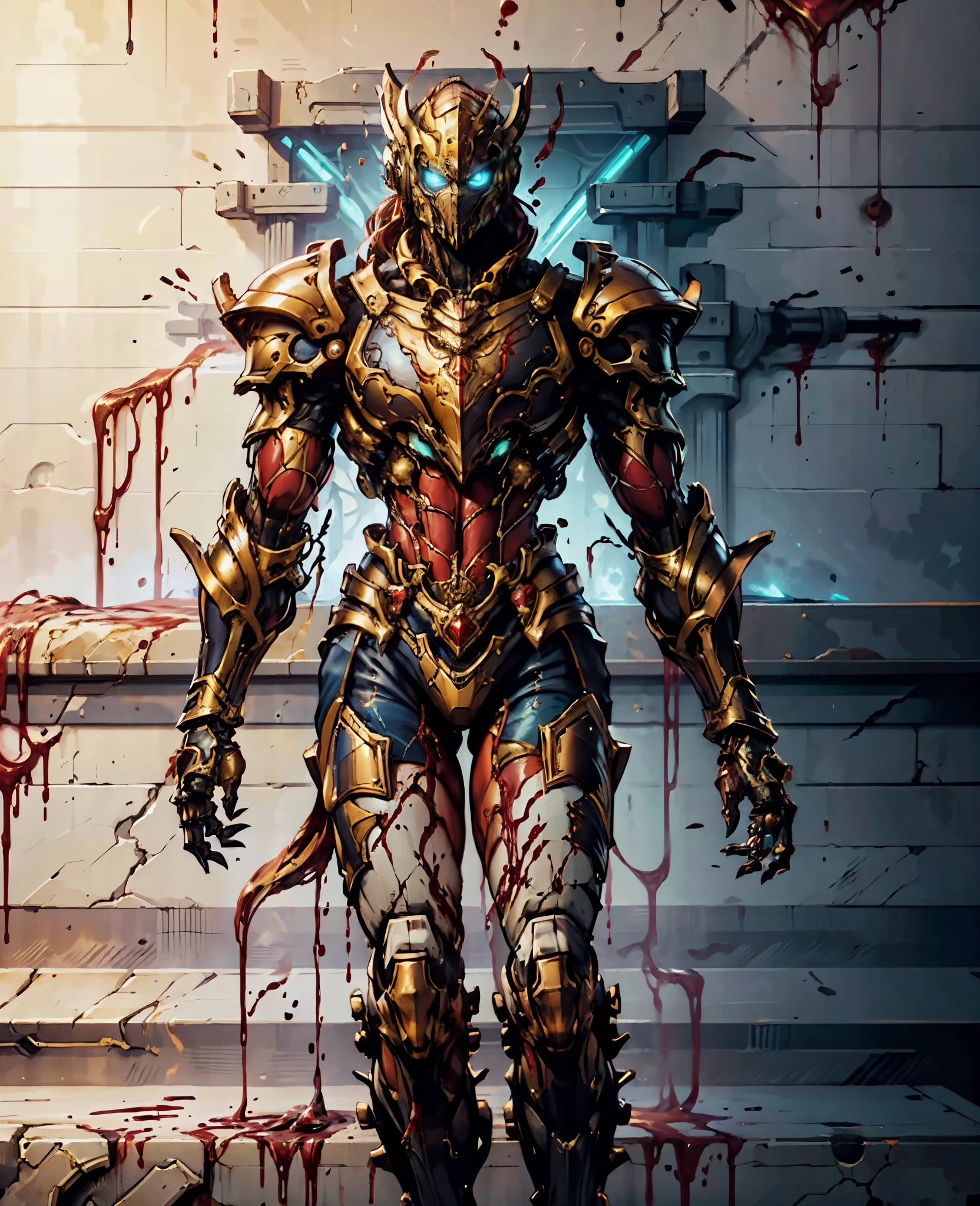 A woman adorned in fantasy-style full-body armor, a crown-concept fully enclosed helmet that unveils only her eyes, a composite layered chest plate, fully encompassing shoulder and hand guards, a lightweight waist armor, form-fitting shin guards, the overall design is heavy-duty yet flexible, (the armor gleams with a golden glow, complemented by red and blue accents), exhibiting a noble aura, she floats above a fantasy-surreal high-tech city, this character embodies a finely crafted fantasy-surreal style armored hero in anime style, exquisite and mature manga art style, (Queen Bee Concept Armor, blood), ((plasma, bio mecha, long legs, elegant, goddess, femminine:1.5)), metallic, high definition, best quality, highres, ultra-detailed, ultra-fine painting, extremely delicate, professional, anatomically correct, symmetrical face, extremely detailed eyes and face, high quality eyes, creativity, RAW photo, UHD, 32k, Natural light, cinematic lighting, masterpiece-anatomy-perfect, masterpiece:1.5