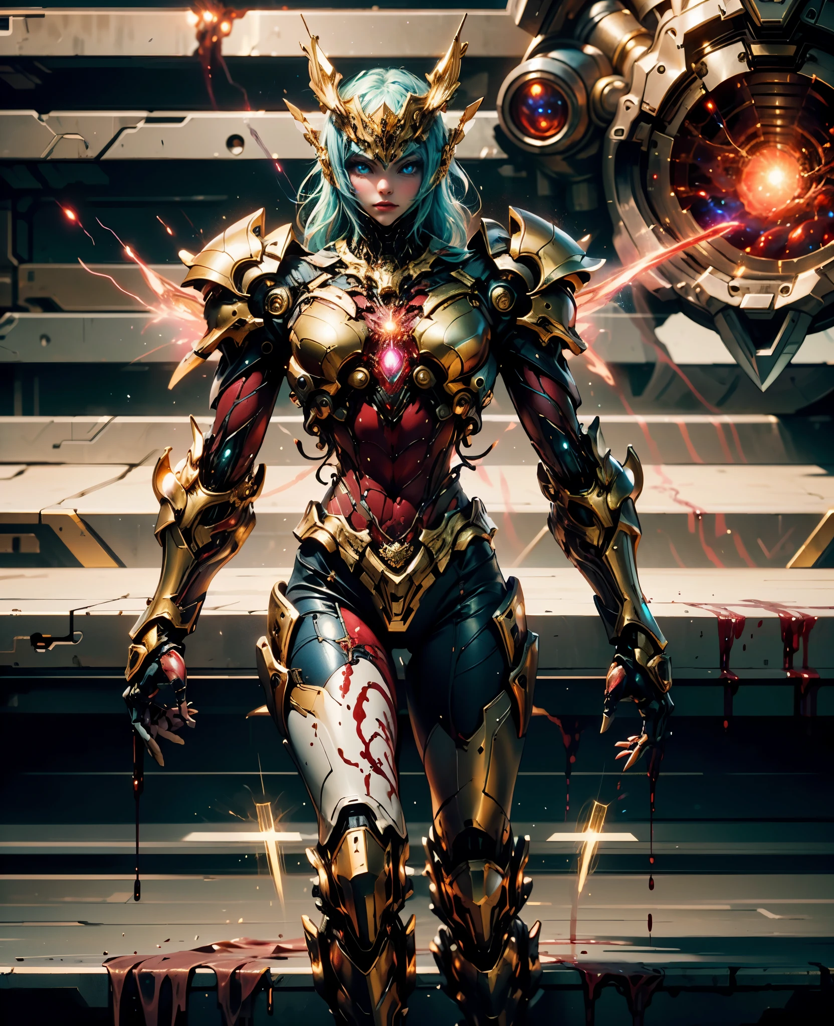 A woman adorned in fantasy-style full-body armor, a crown-concept fully enclosed helmet that unveils only her eyes, a composite layered chest plate, fully encompassing shoulder and hand guards, a lightweight waist armor, form-fitting shin guards, the overall design is heavy-duty yet flexible, (the armor gleams with a golden glow, complemented by red and blue accents), exhibiting a noble aura, she floats above a fantasy-surreal high-tech city, this character embodies a finely crafted fantasy-surreal style armored hero in anime style, exquisite and mature manga art style, (Queen Bee Concept Armor, blood), ((plasma, bio mecha, long legs, elegant, goddess, femminine:1.5)), metallic, high definition, best quality, highres, ultra-detailed, ultra-fine painting, extremely delicate, professional, anatomically correct, symmetrical face, extremely detailed eyes and face, high quality eyes, creativity, RAW photo, UHD, 32k, Natural light, cinematic lighting, masterpiece-anatomy-perfect, masterpiece:1.5