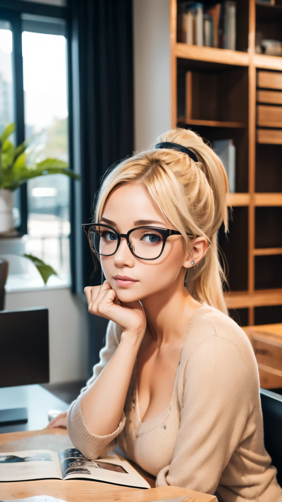 high resolution、8Ｋ、lean body shape、blonde hair、Woman in glasses、intellectual fashion、ponytail