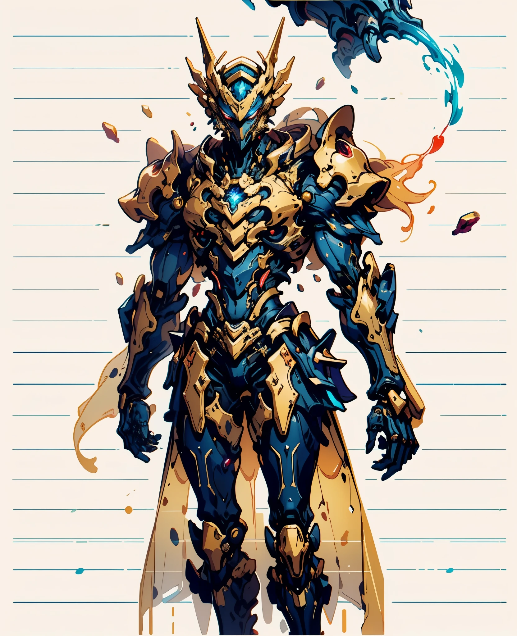 A woman adorned in fantasy-style full-body armor, a crown-concept fully enclosed helmet that unveils only her eyes, a composite layered chest plate, fully encompassing shoulder and hand guards, a lightweight waist armor, form-fitting shin guards, the overall design is heavy-duty yet flexible, (the armor gleams with a golden glow, complemented by red and blue accents), exhibiting a noble aura, she floats above a fantasy-surreal high-tech city, this character embodies a finely crafted fantasy-surreal style armored hero in anime style, exquisite and mature manga art style, (Queen Bee Concept Armor, blood), ((plasma, bio mecha, long legs, elegant, goddess, femminine:1.5)), metallic, high definition, best quality, highres, ultra-detailed, ultra-fine painting, extremely delicate, professional, anatomically correct, symmetrical face, extremely detailed eyes and face, high quality eyes, creativity, RAW photo, UHD, 32k, Natural light, cinematic lighting, masterpiece-anatomy-perfect, masterpiece:1.5