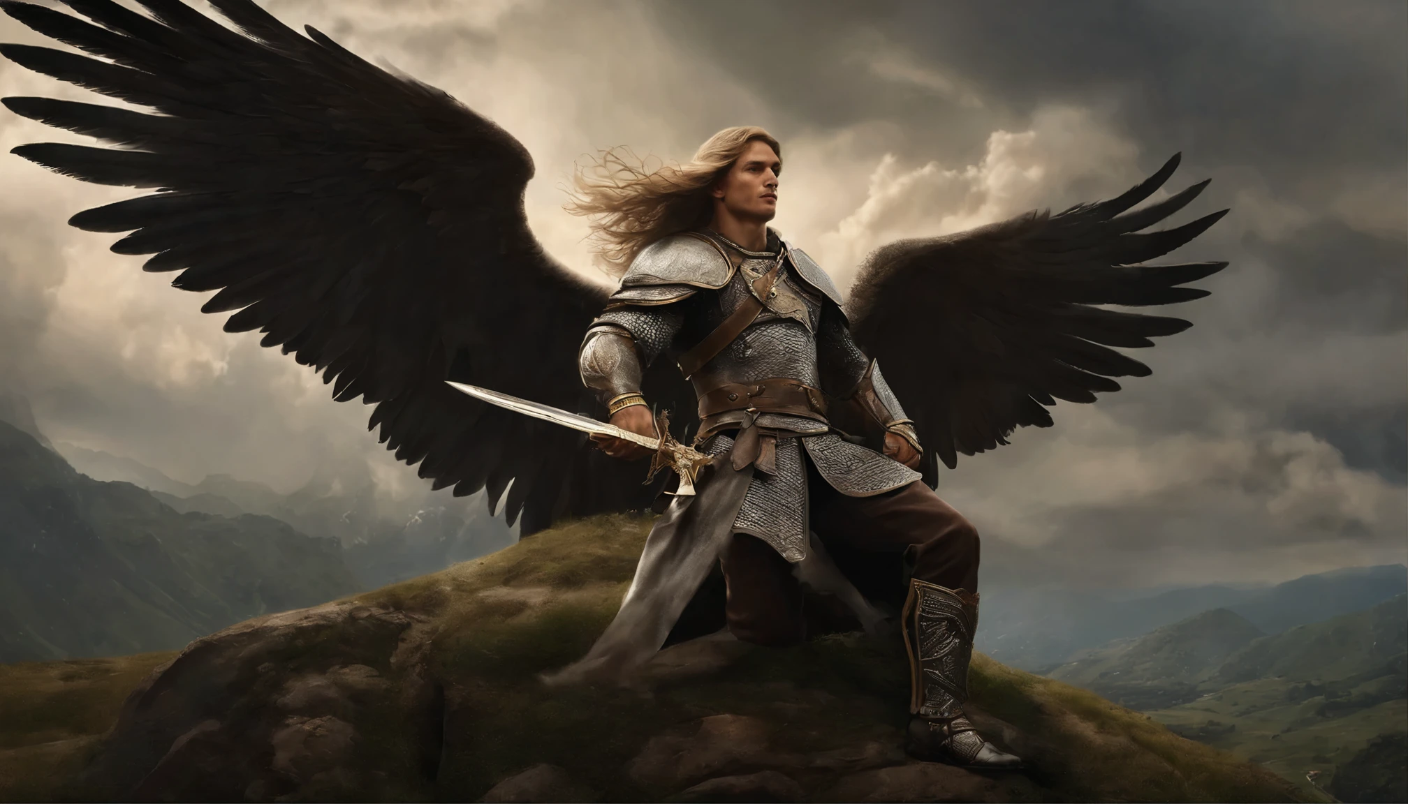 cabelo loiro, Hairy male with sword and wings in front of an overcast sky, arcanjo Miguel, Arcanjo, saint michael the angel, epic fantasy digital art style, artegerm. alto detalhe, angel in plastic armor, retrato da fantasia masculina, angelic, Arte de fantasia do Behance, Arte de fantasia digital 2D detalhada, por Yang J, paladino sagrado, epic fantasy HD art style, oil painting
