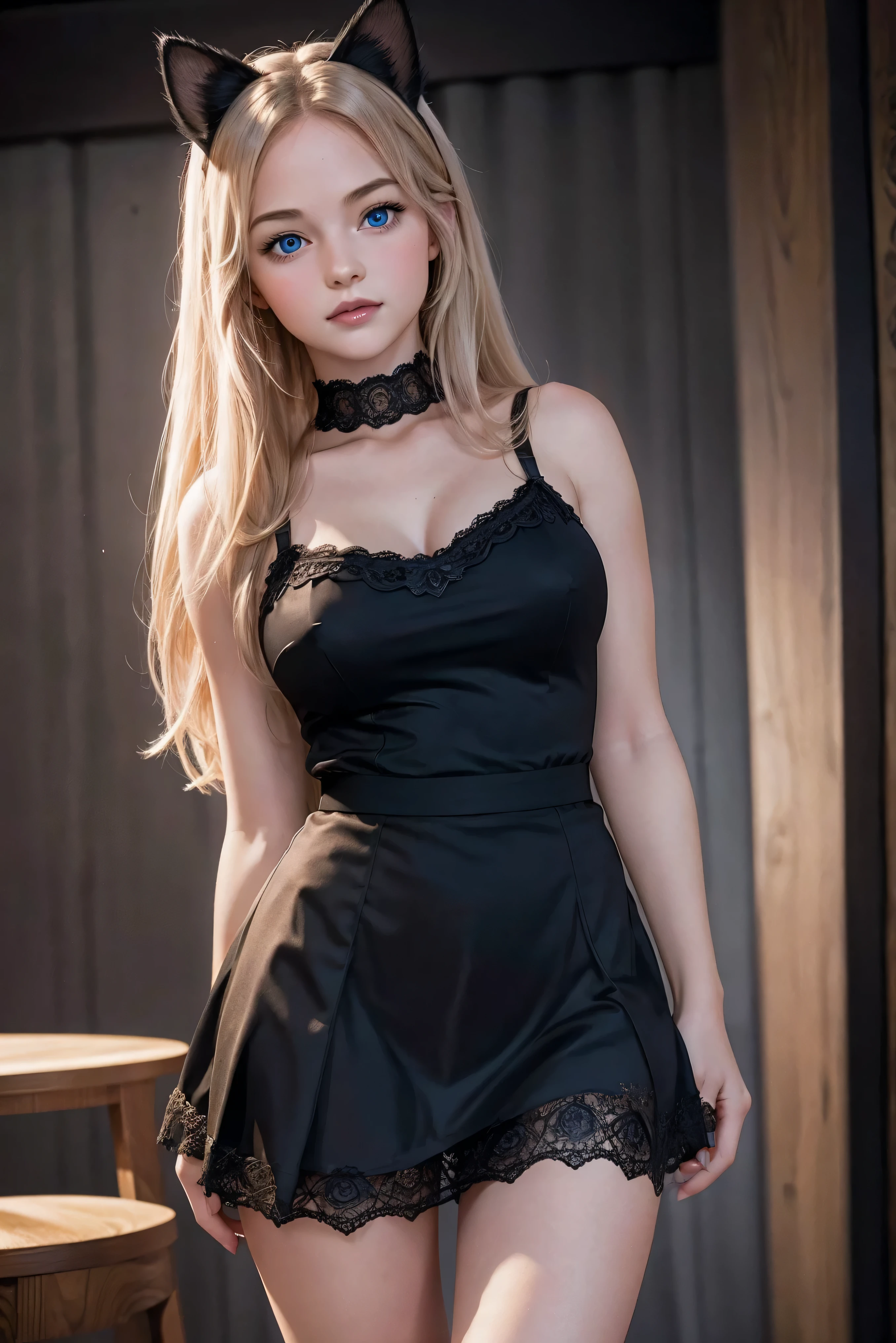 (Best Quality,High resolution:1.2), Ultra-detailed, cute high school girl, Realistic portrait, Best Quality, cute face, rose cheeks, rose nose, blue eyes, long blonde hair, full body, long perfect legs, big ass, big breasts, tiny waist. tiny body, black lace lingerie, black stockings, cat ears, mini pleated skirt, high school uniform, standing