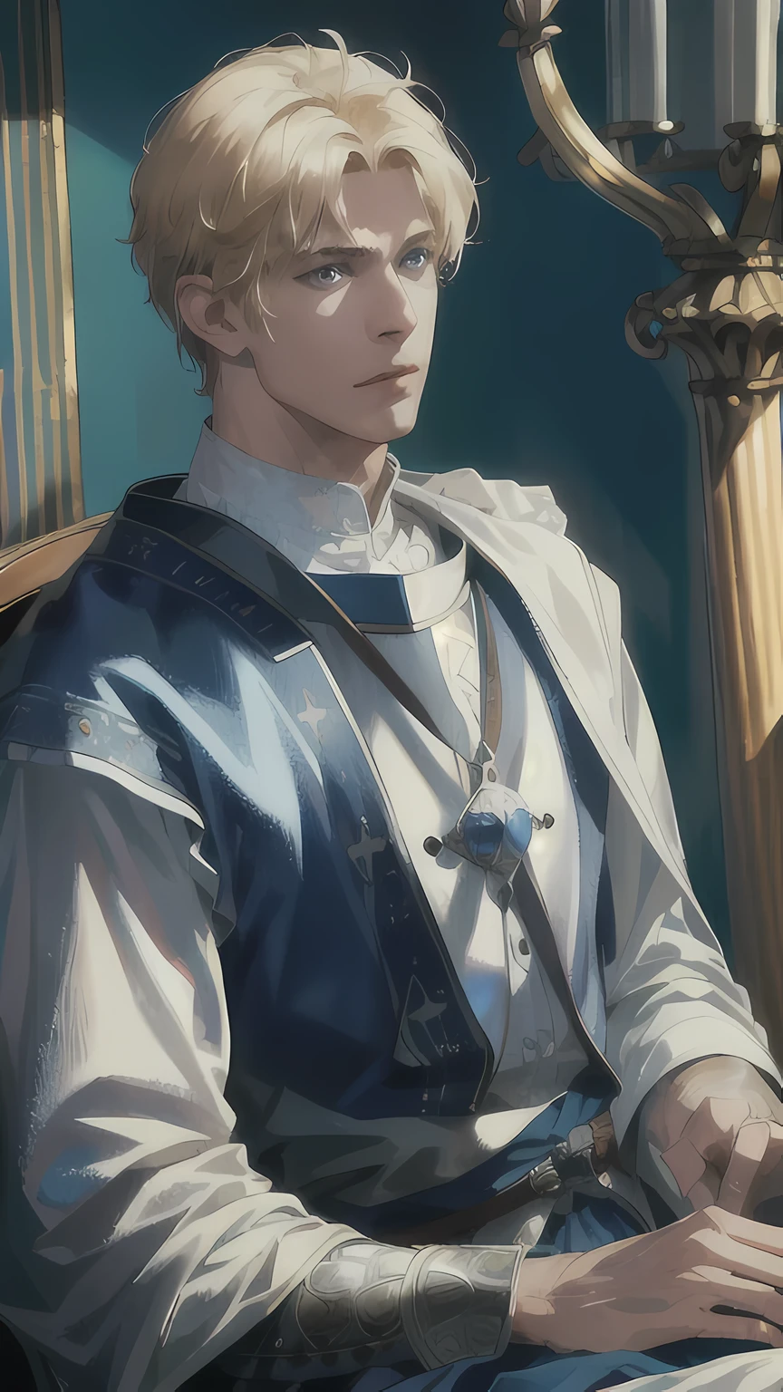 (Best quality,4K,8K,a high resolution,masterpiece:1.2),ultra detailed,(Realistic,photoRealistic,photo-Realistic:1.37),man,38 years,rey,knight in shining white armor,blonde short voluminous hair,Blue eyes,serious expression,swordswoman,medieval,rey Артур