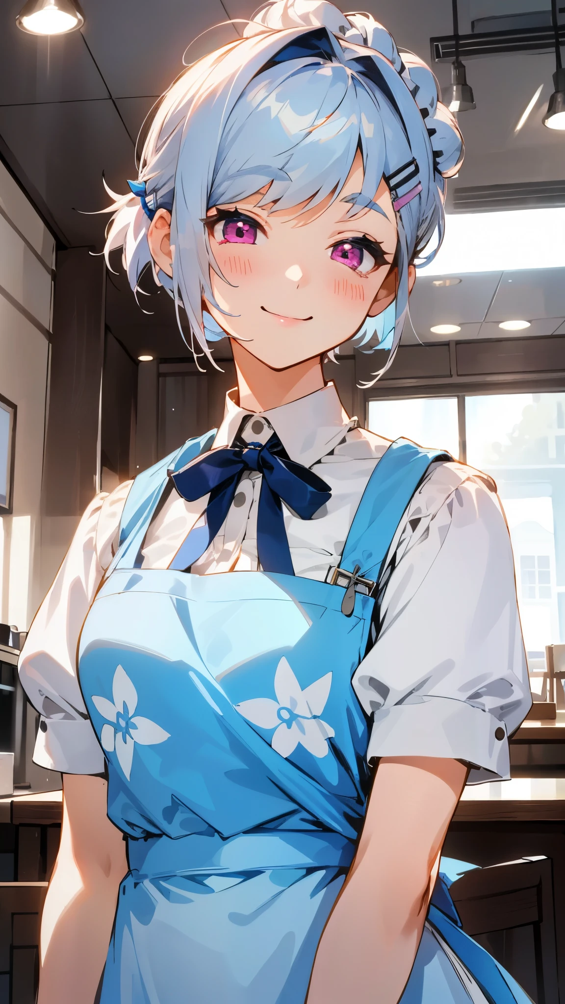 1 girl、white blouse、blue skirt、upper body up、Short hairstyles for silver hair and bob、Hair tied up in a bun with a hair clip、pink eyes、smile、Apron appearance、((indoor、morning、Cafe))、sharp outline