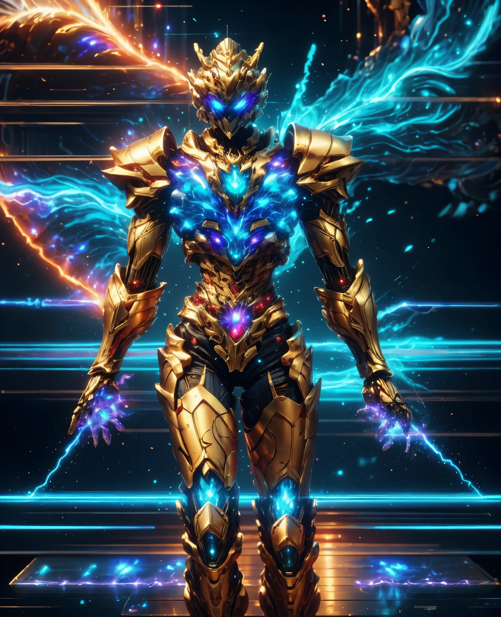 A woman adorned in fantasy-style full-body armor, a crown-concept fully enclosed helmet that unveils only her eyes, a composite layered chest plate, fully encompassing shoulder and hand guards, a lightweight waist armor, form-fitting shin guards, the overall design is heavy-duty yet flexible, (the armor gleams with a golden glow, complemented by red and blue accents), exhibiting a noble aura, she floats above a fantasy-surreal high-tech city, this character embodies a finely crafted fantasy-surreal style armored hero in anime style, exquisite and mature manga art style, (Queen Bee Concept Armor, blood), ((plasma, bio mecha, long legs, elegant, goddess, femminine:1.5)), metallic, high definition, best quality, highres, ultra-detailed, ultra-fine painting, extremely delicate, professional, anatomically correct, symmetrical face, extremely detailed eyes and face, high quality eyes, creativity, RAW photo, UHD, 32k, Natural light, cinematic lighting, masterpiece-anatomy-perfect, masterpiece:1.5