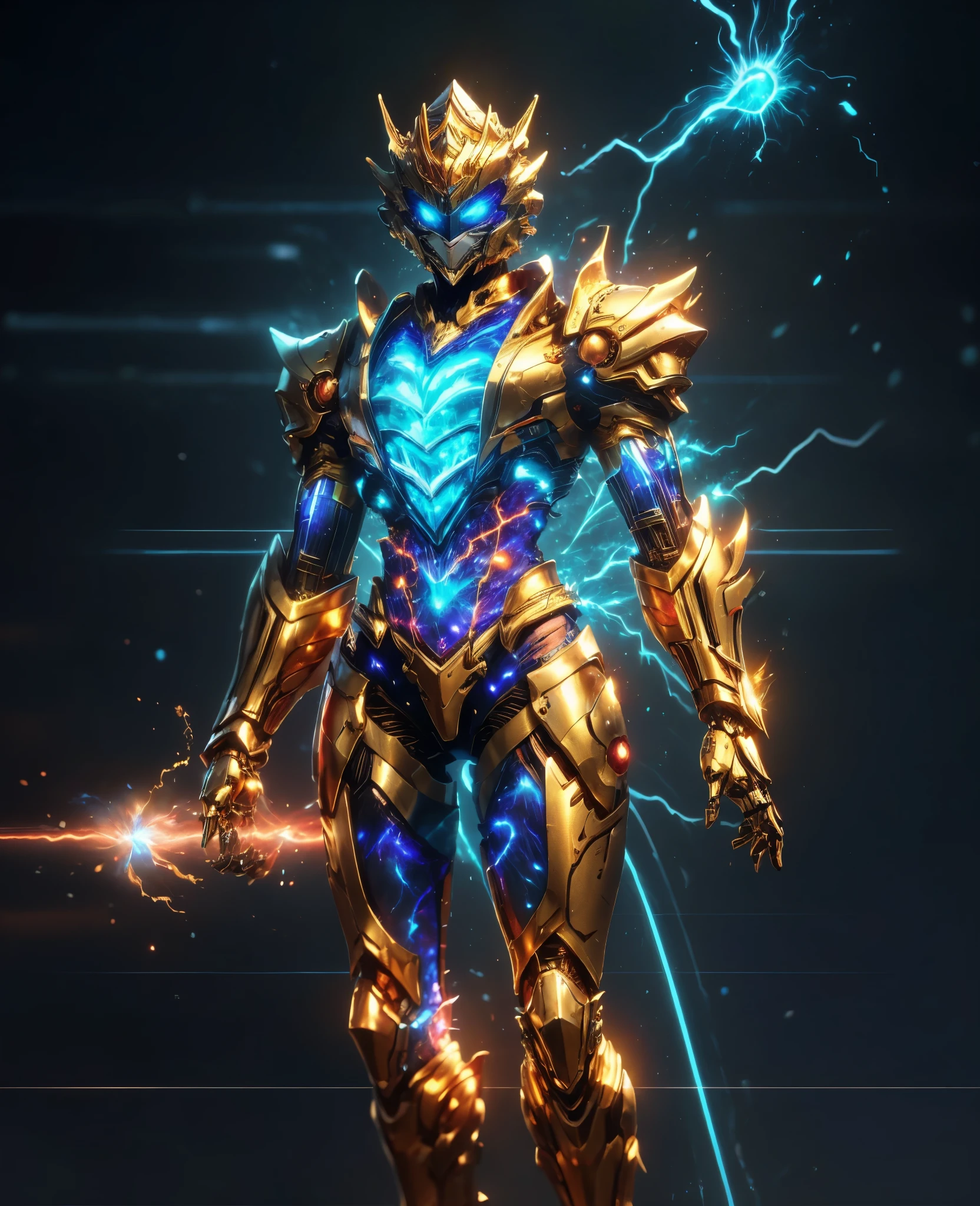 A woman adorned in fantasy-style full-body armor, a crown-concept fully enclosed helmet that unveils only her eyes, a composite layered chest plate, fully encompassing shoulder and hand guards, a lightweight waist armor, form-fitting shin guards, the overall design is heavy-duty yet flexible, (the armor gleams with a golden glow, complemented by red and blue accents), exhibiting a noble aura, she floats above a fantasy-surreal high-tech city, this character embodies a finely crafted fantasy-surreal style armored hero in anime style, exquisite and mature manga art style, (Queen Bee Concept Armor, blood), ((plasma, bio mecha, long legs, elegant, goddess, femminine:1.5)), metallic, high definition, best quality, highres, ultra-detailed, ultra-fine painting, extremely delicate, professional, anatomically correct, symmetrical face, extremely detailed eyes and face, high quality eyes, creativity, RAW photo, UHD, 32k, Natural light, cinematic lighting, masterpiece-anatomy-perfect, masterpiece:1.5